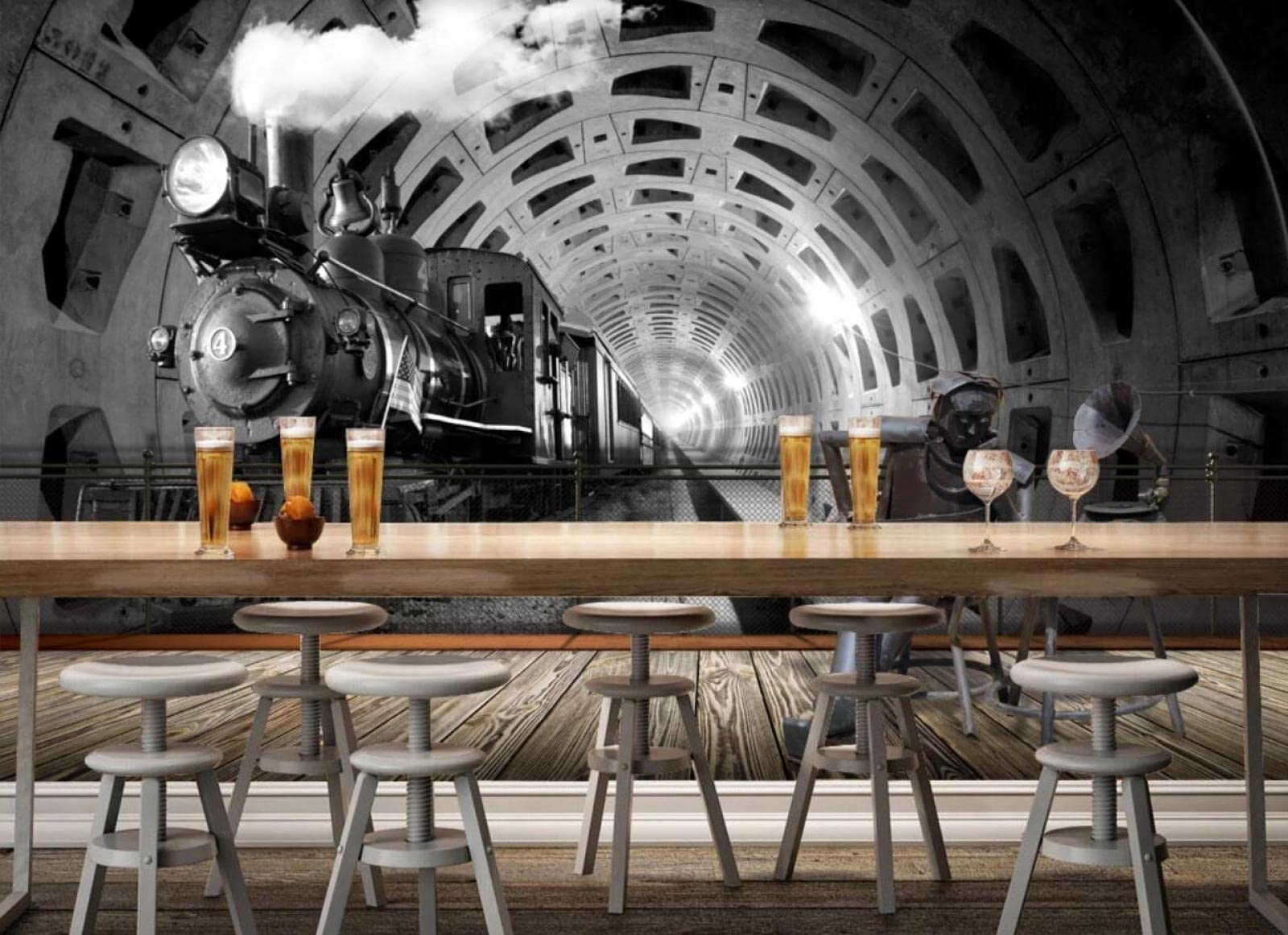 3D Retro Grey Tunnel Train Wallpaper Mural - Vintage Nostalgic Wall Decor for Bedroom, Living Room & TV Background | Perfect for Home, Office & Cafe Interior Design