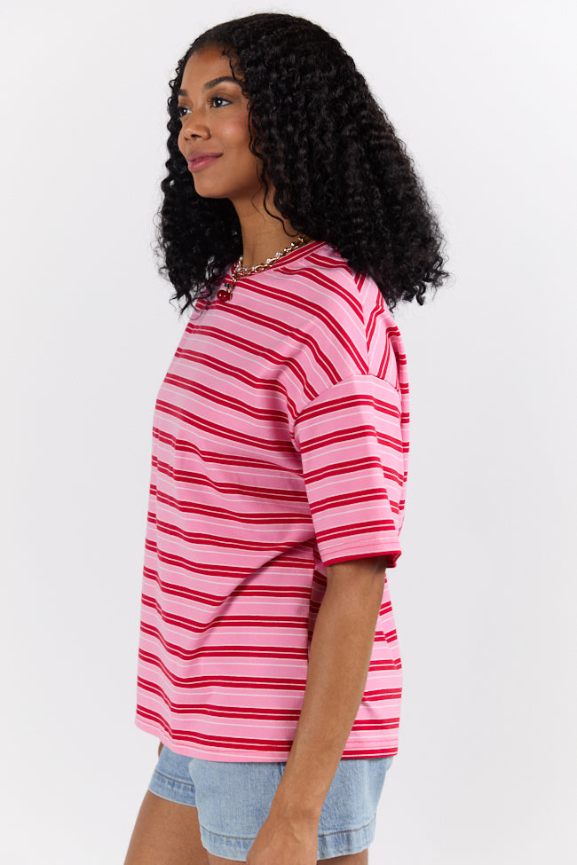 Stylish Pink and Red Oversized Striped T-Shirt for Women - Trendy Striped Tee - Perfect for Casual Outfits and Layering