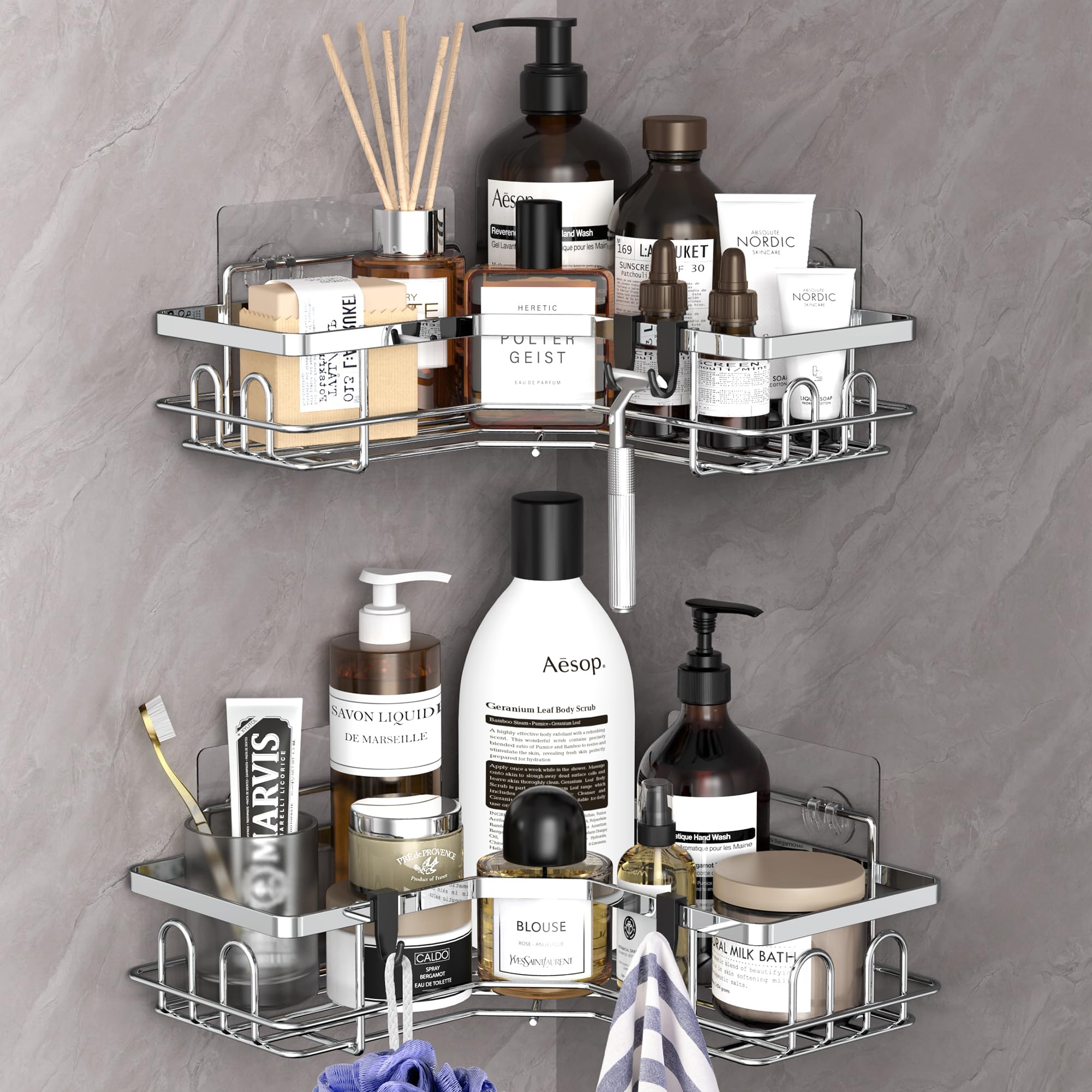 2 Pack Corner Shower Caddy Organizer with Hooks - Rustproof Metal Bathroom Shelf for Shampoo, Soap & Towels - Space Saving Storage Solution for Small Bathrooms & Showers