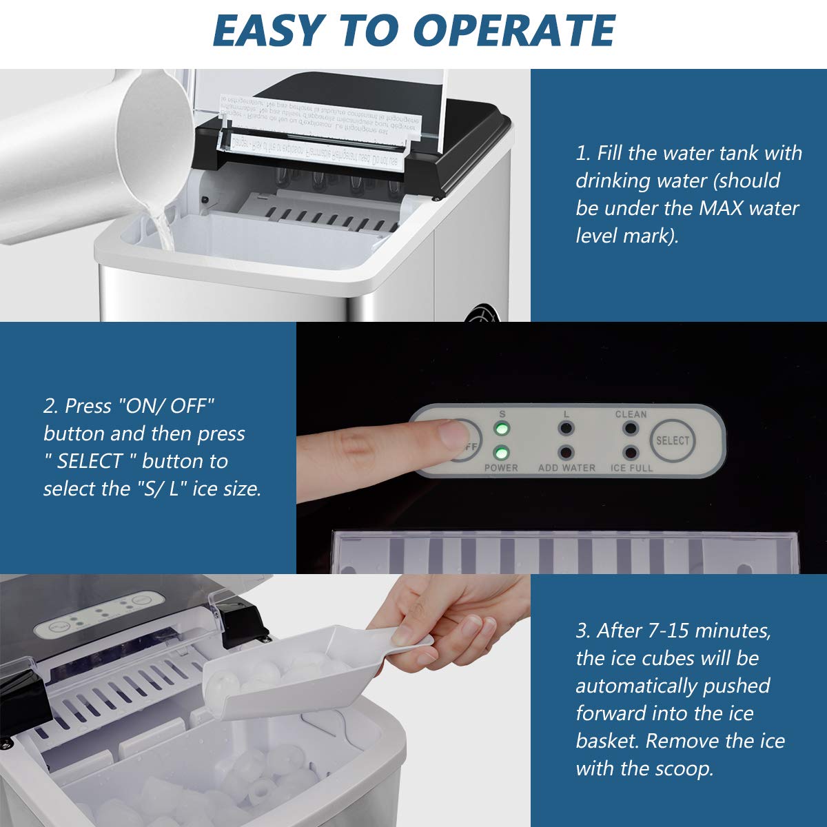 SIMOE Countertop Ice Maker Machine - 26.5 LBS/24H, 9 Cubes in 6 Mins, Self-Cleaning, 304 Stainless Steel, LED Display - Perfect for Home, Office, RV, and Outdoor Parties