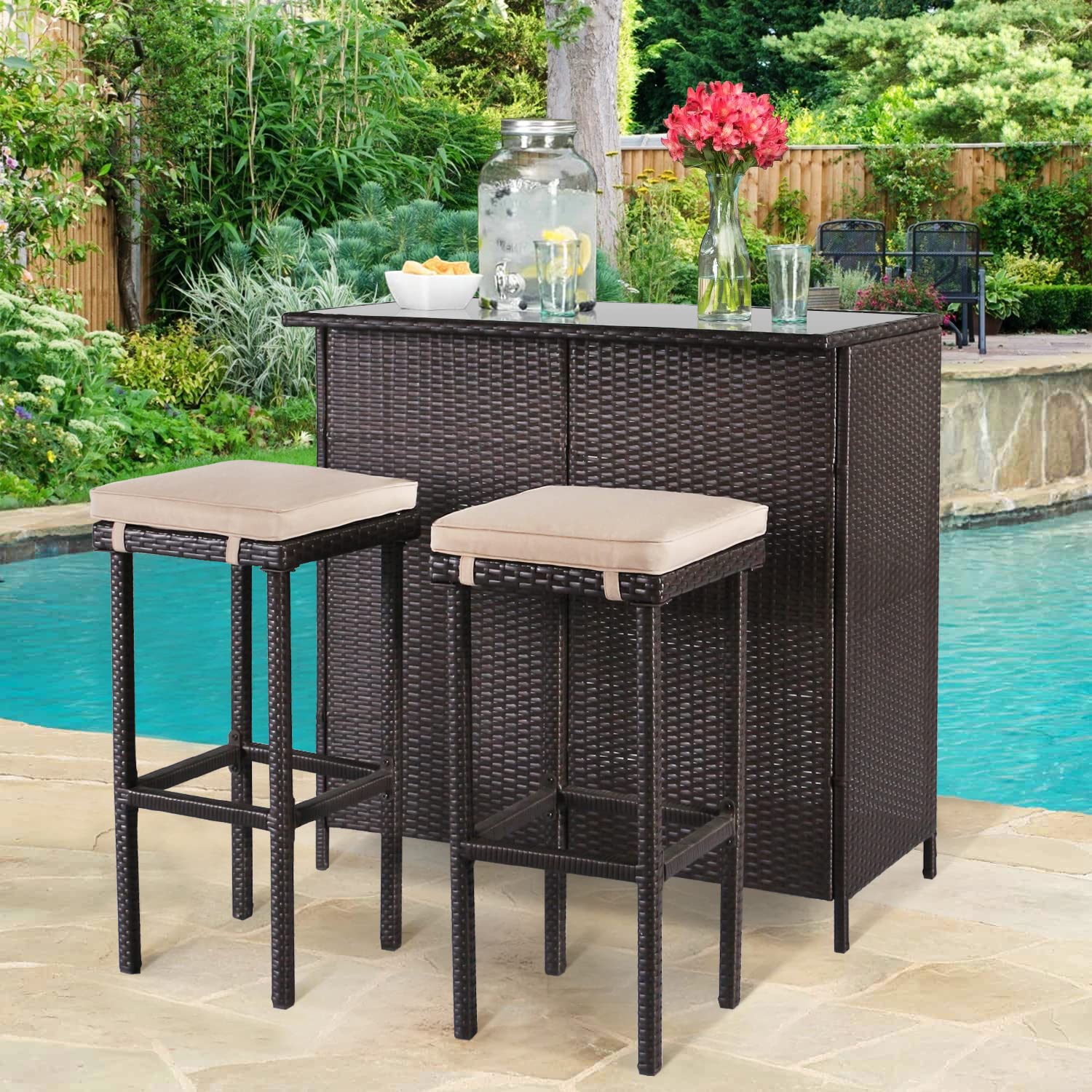 SUNCROWN 3-Piece Outdoor Bar Set - Rattan Wicker Patio Furniture with Glass Table, 2 Stools & Cushions + 9 FT Umbrella - Perfect for Backyard, Garden, Poolside & Outdoor Entertaining (Brown)