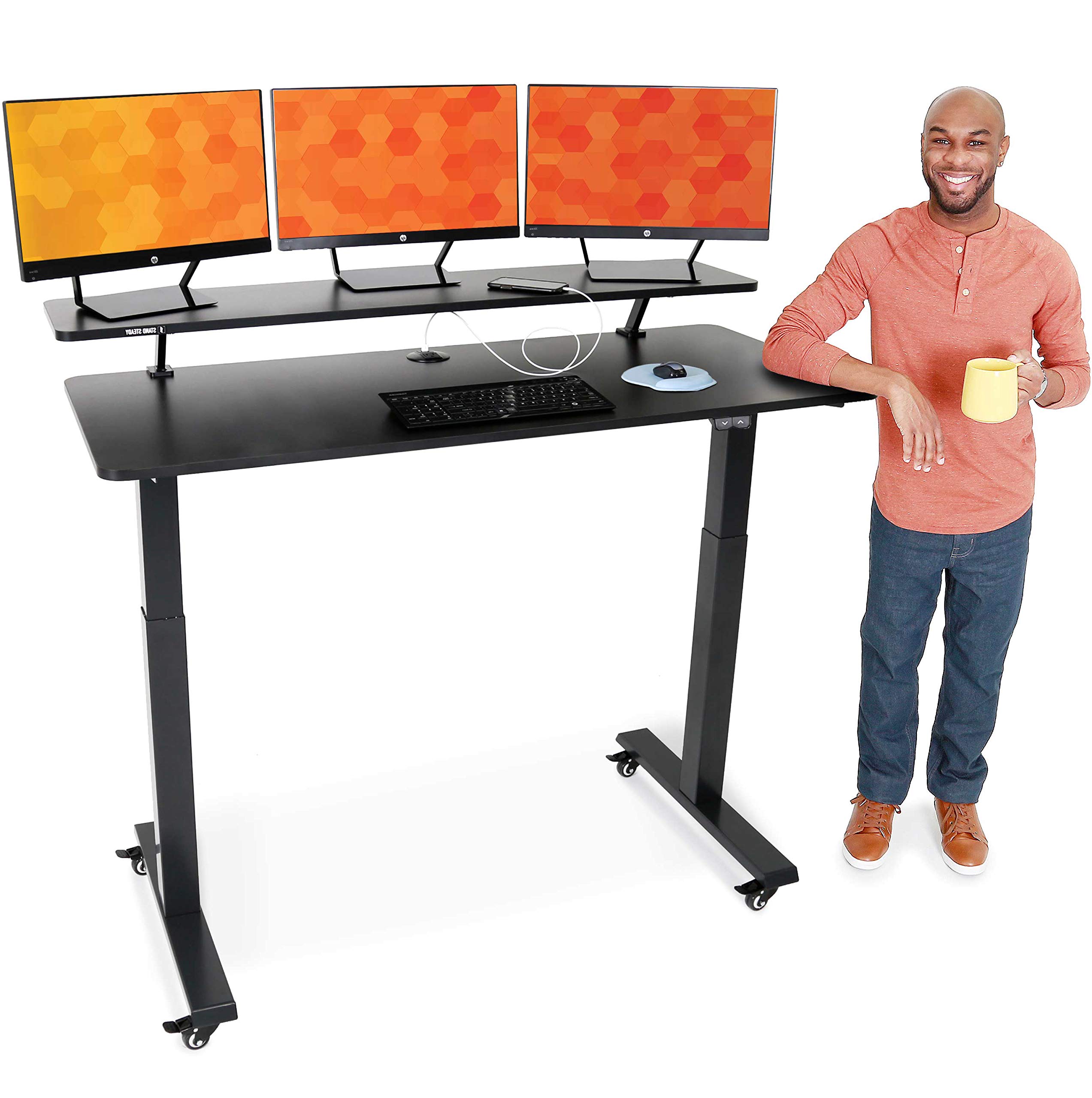 Tranzendesk Power 55 Inch Electric Standing Desk with Built-In Charging | Height Adjustable Stand Up Desk with Clamp-On Shelf | Electronic Desk with 1 AC Outlet & 2 USB Ports (55/Black) | Perfect for Home Office, Gaming Setup & Workspace Ergonomics