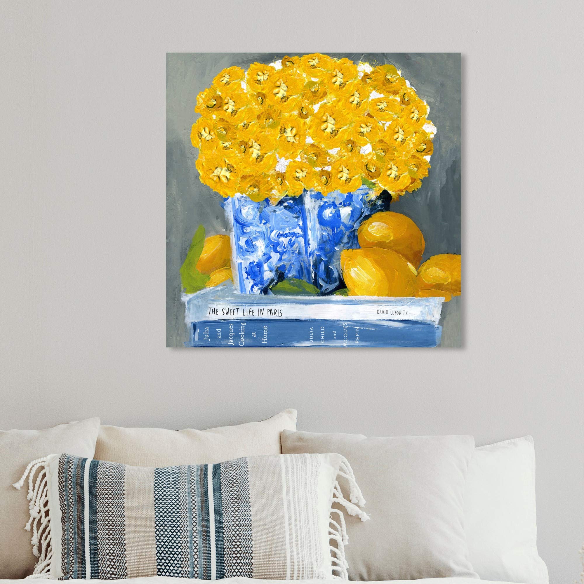 Wynwood Studio Floral and Botanical Wall Art Canvas Prints - 'Cook Book Love Square' Home Décor, 12x12 Inches, Yellow and Blue - Perfect for Kitchen, Dining Room, or Farmhouse Style Decor
