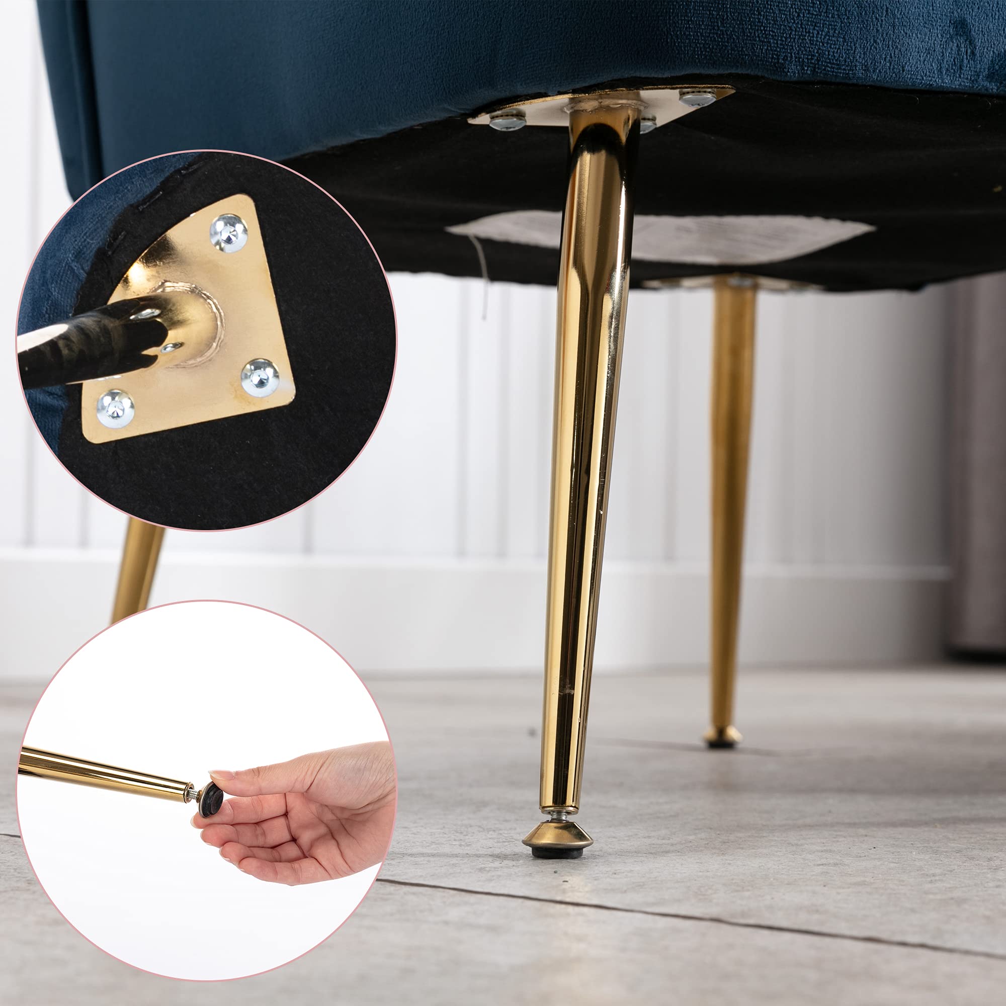 Velvet Accent Chair Set of 2 - Mid Century Modern Armless Slipper Chairs with Golden Metal Legs, Soft Upholstered Living Room Seating for Bedroom, Guest Room & Office - Blue Velvet Wingback Lounge Chairs (Perfect for Small Spaces, Reading Nooks & Cozy Corners)