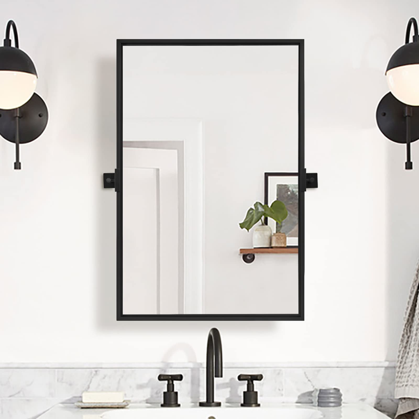 20x28 Black Farmhouse Pivot Bathroom Mirror - Adjustable Rustic Vanity Mirror with Right Corner (23.75