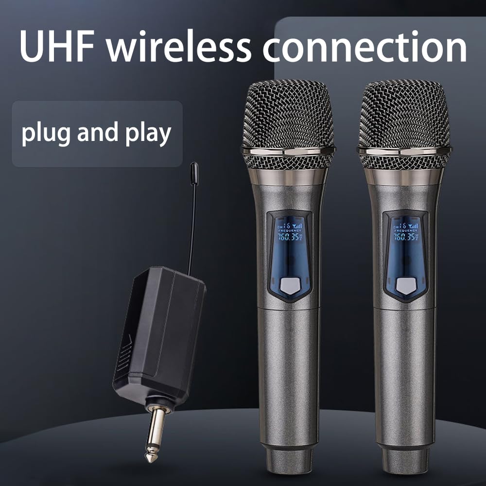 Professional Dual UHF Wireless Microphone System - Rechargeable Handheld Dynamic Mics for Karaoke, Wedding, DJ, Party, Speech & Church - 200ft Range with PA System (Gray) - Perfect for Live Performances, Events & Classroom Use