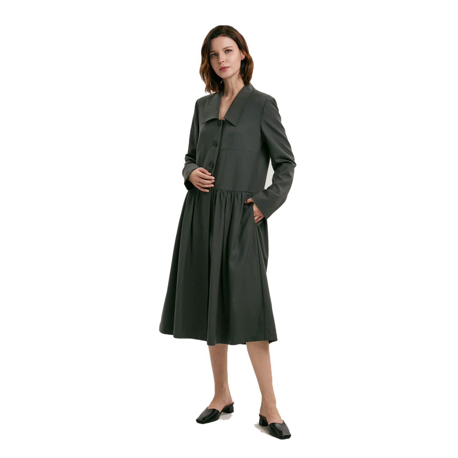 Gentle Herd Women's Flutter Sleeve Wool Midi Dress - Summer Casual Tailored Long Sleeve Dress for Office, Wedding & Date Night Outfits