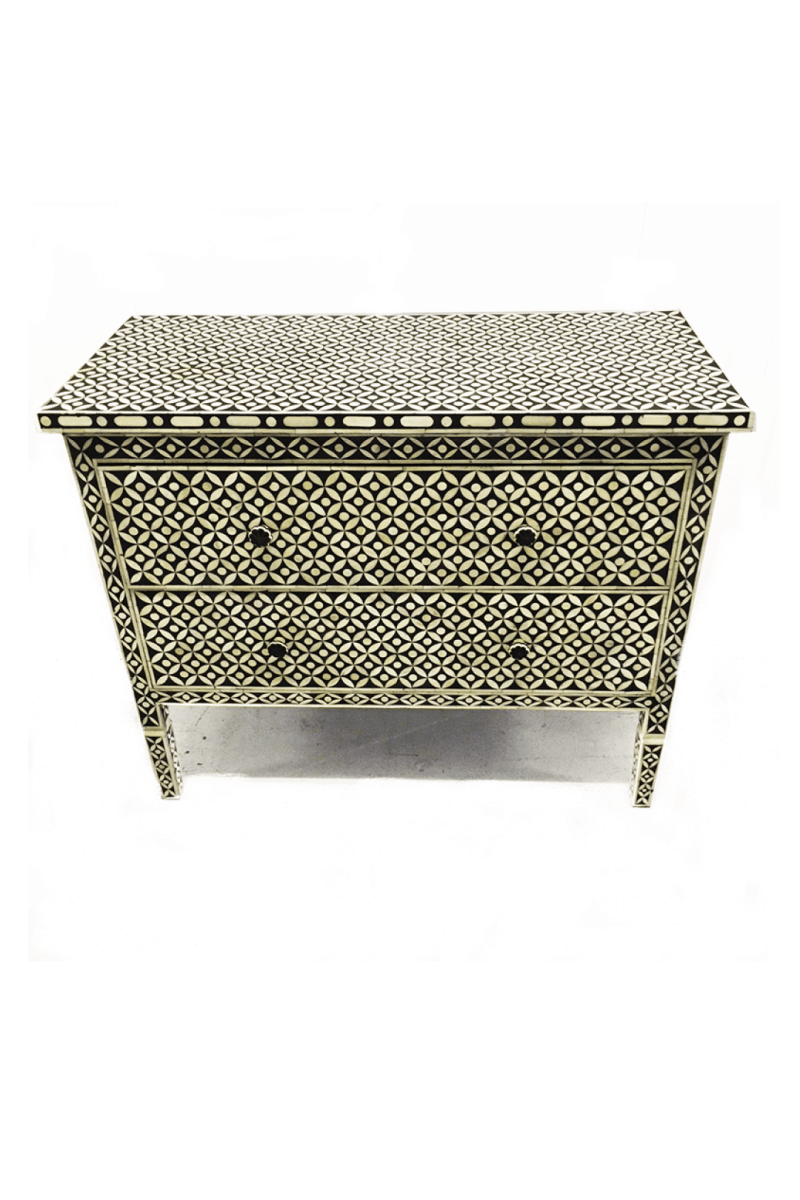 Handmade Bone Inlay Geometric Two Drawer Dresser - Black Wooden Storage Unit for Bedroom, Living Room & Office Organization