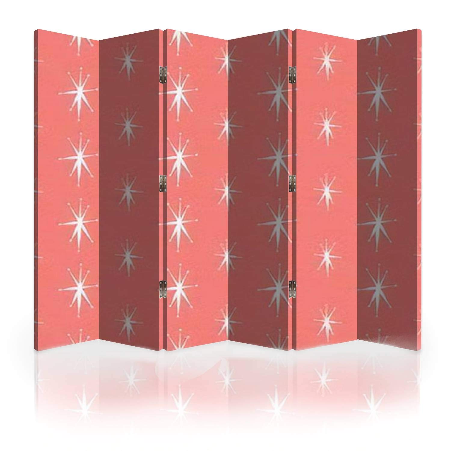 Vintage Mid Century Star Pattern Canvas Room Divider - 6 Panel Folding Privacy Screen in Coral Pink & White | Room Separator, Wall Partition for Home, Office & Studio Decor