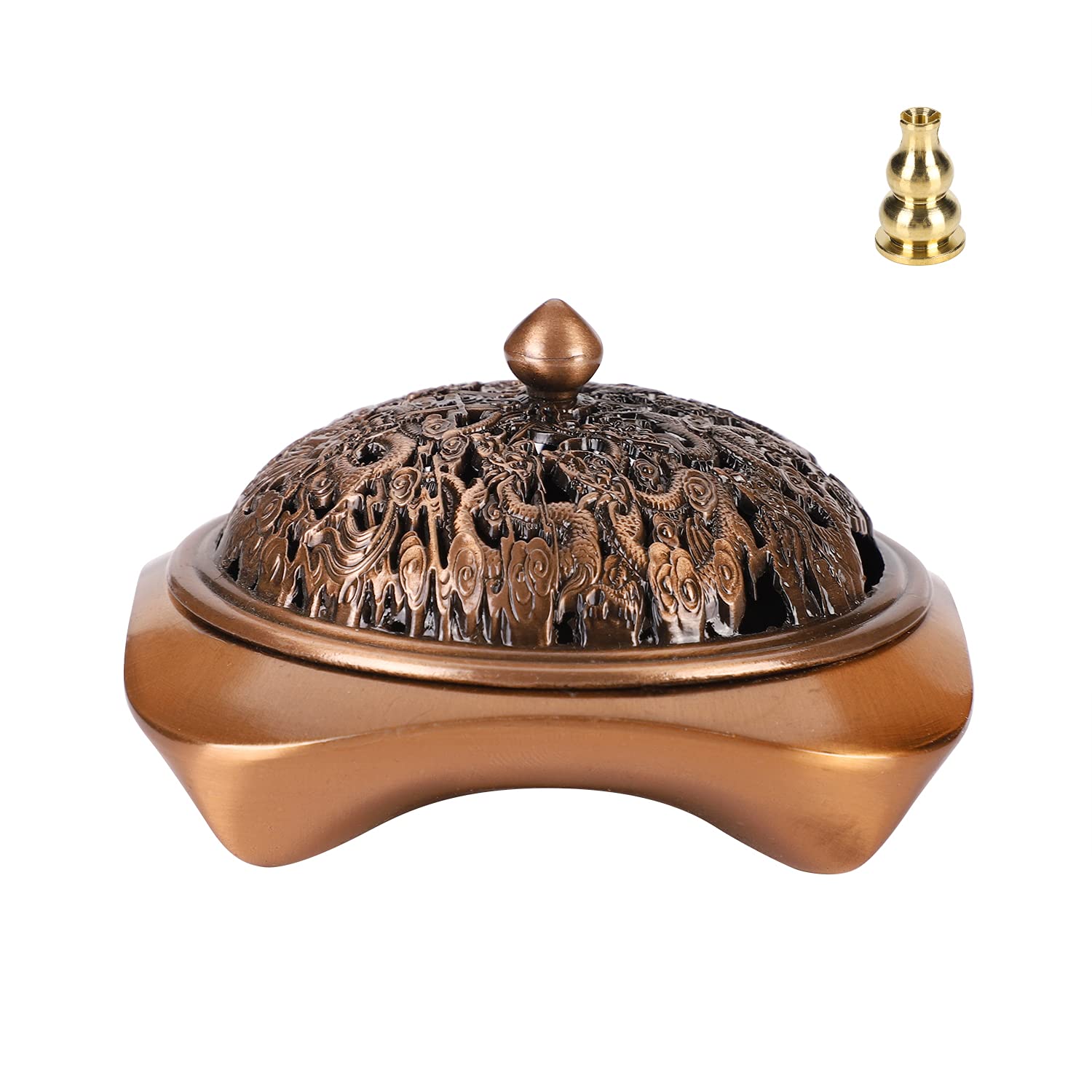 Antique Bronze Zinc Alloy Incense Burner Bowl - Square Cone Stick Coil Holder with Ash Catcher Tray - Buddhist Temple Home Decor for Meditation, Yoga & Aromatherapy (Red Copper)