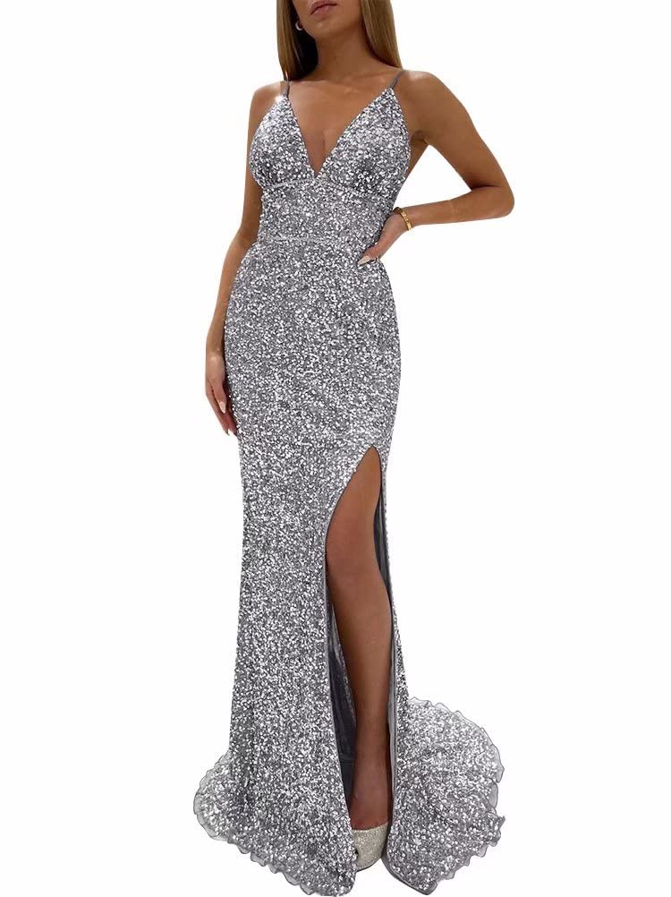 Sparkly Sequin Prom Dresses Long Mermaid V Neck with High Slit & Cross Back Formal Evening Gowns for Women | Wedding Party, Homecoming, Pageant, Quinceañera & Special Occasions