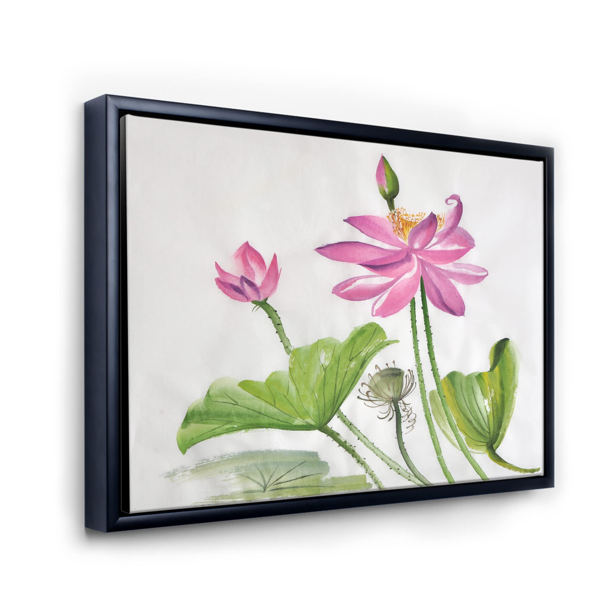 Two Pink Lotus Flowers Framed Canvas Wall Art Print - Traditional Asian Home Decor for Living Room, Bedroom & Office