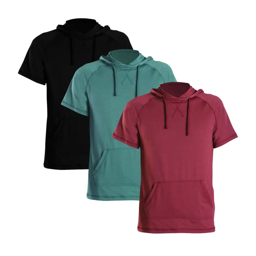 3 Pack Men's Performance Short Sleeve Hoodie - Moisture Wicking Athletic Shirts for Gym, Running & Outdoor Activities