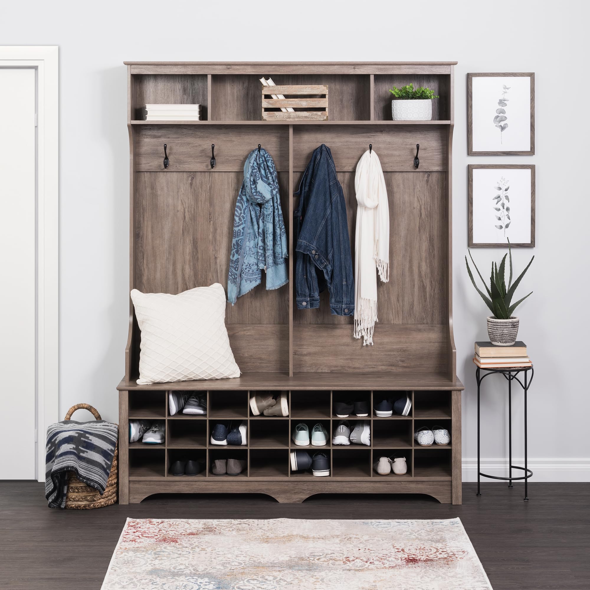 Prepac Gray Hall Tree Entryway Storage Cabinet - 24 Shoe Cubbies & 6 Double Coat Hooks - 15.5