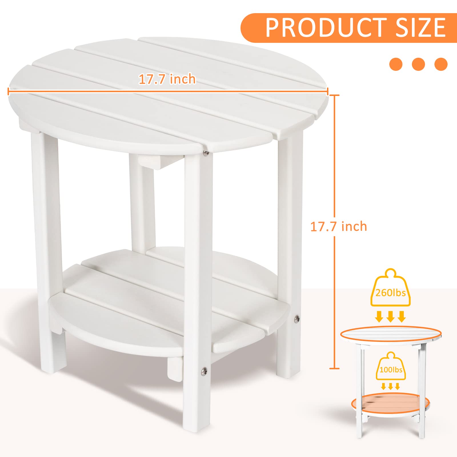 2-Tier Outdoor Side Table - Weather-Resistant HDPE Adirondack Patio End Table - Round White Small Outdoor Furniture for Poolside, Garden & Deck Use