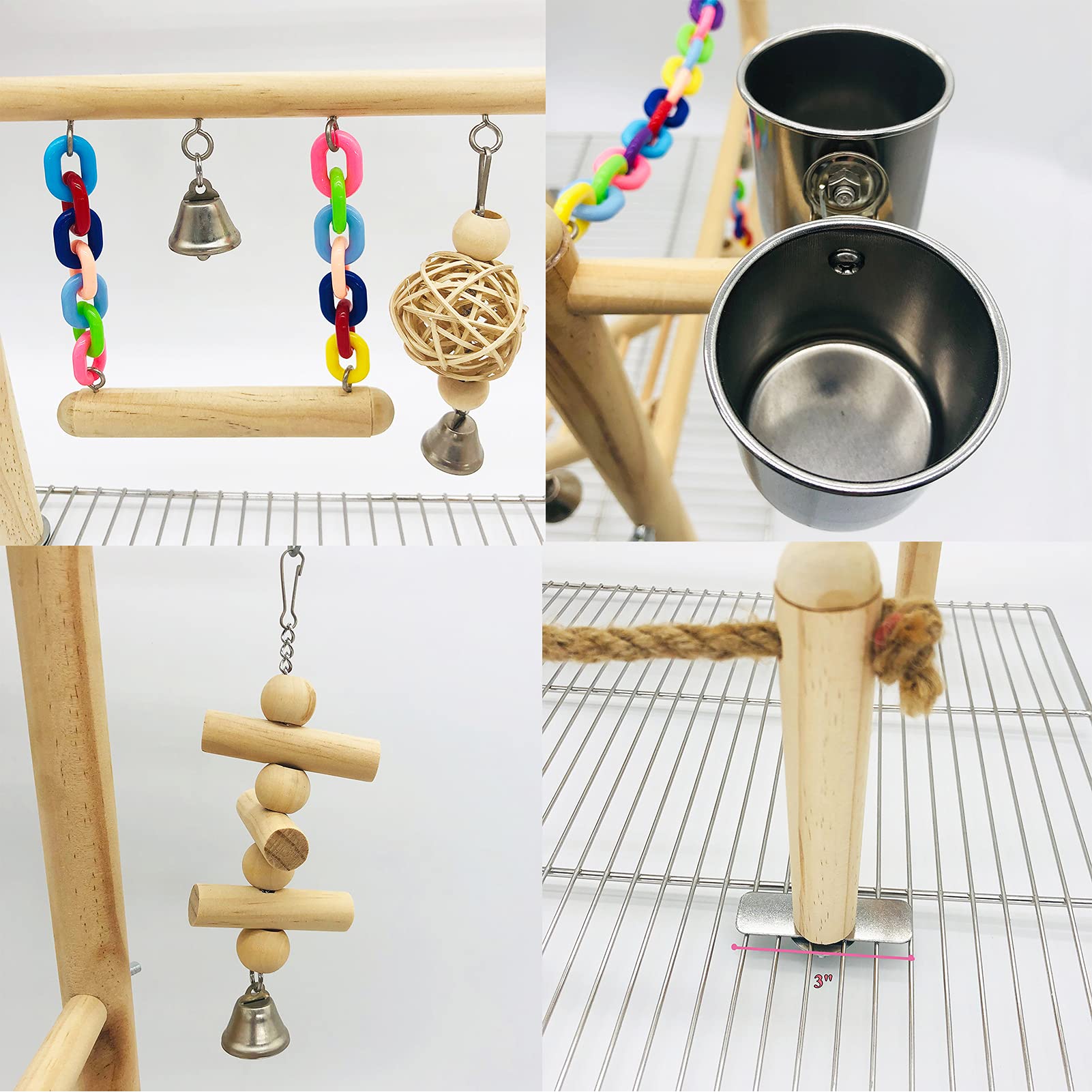 Bird Playground Top Cage - Hanging Chewing Toys & Wood Perch for Parrots, Conures, Parakeets, Budgies, Cockatiels, Lovebirds | Durable Parrot Gym Play Stand for Cage Top - Perfect for Playtime, Exercise & Mental Stimulation
