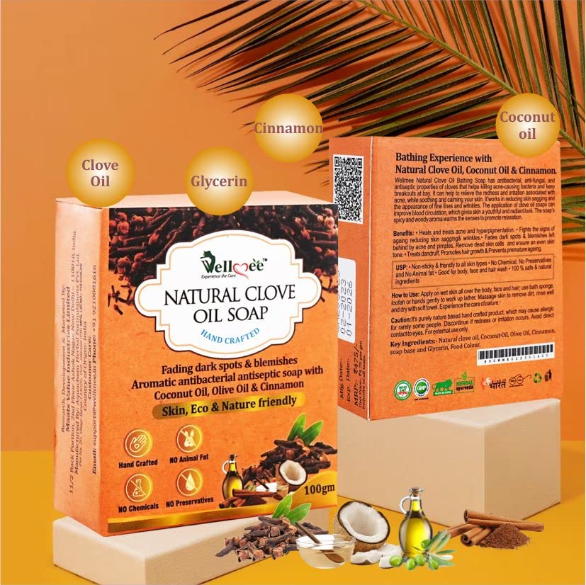 WELLMEE Natural Clove Oil Antibacterial Handmade Soap with Coconut Oil & Olive Oil - Reduces Dark Spots & Nourishes Skin - 100g Bar Soap for Acne Treatment, Daily Cleansing & Spa Relaxation
