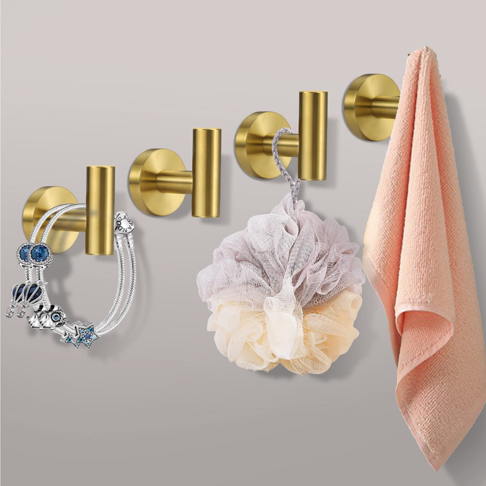 Premium Stainless Steel Towel Hooks 4-Pack - Heavy Duty Gold Bathroom Wall Hooks for Robes, Coats & Clothes - Durable Cabinet & Closet Organizer for Bathroom, Bedroom, Kitchen & Hotel Use - Perfect for Hanging Towels, Sponges & Robes Near Shower or Entryway
