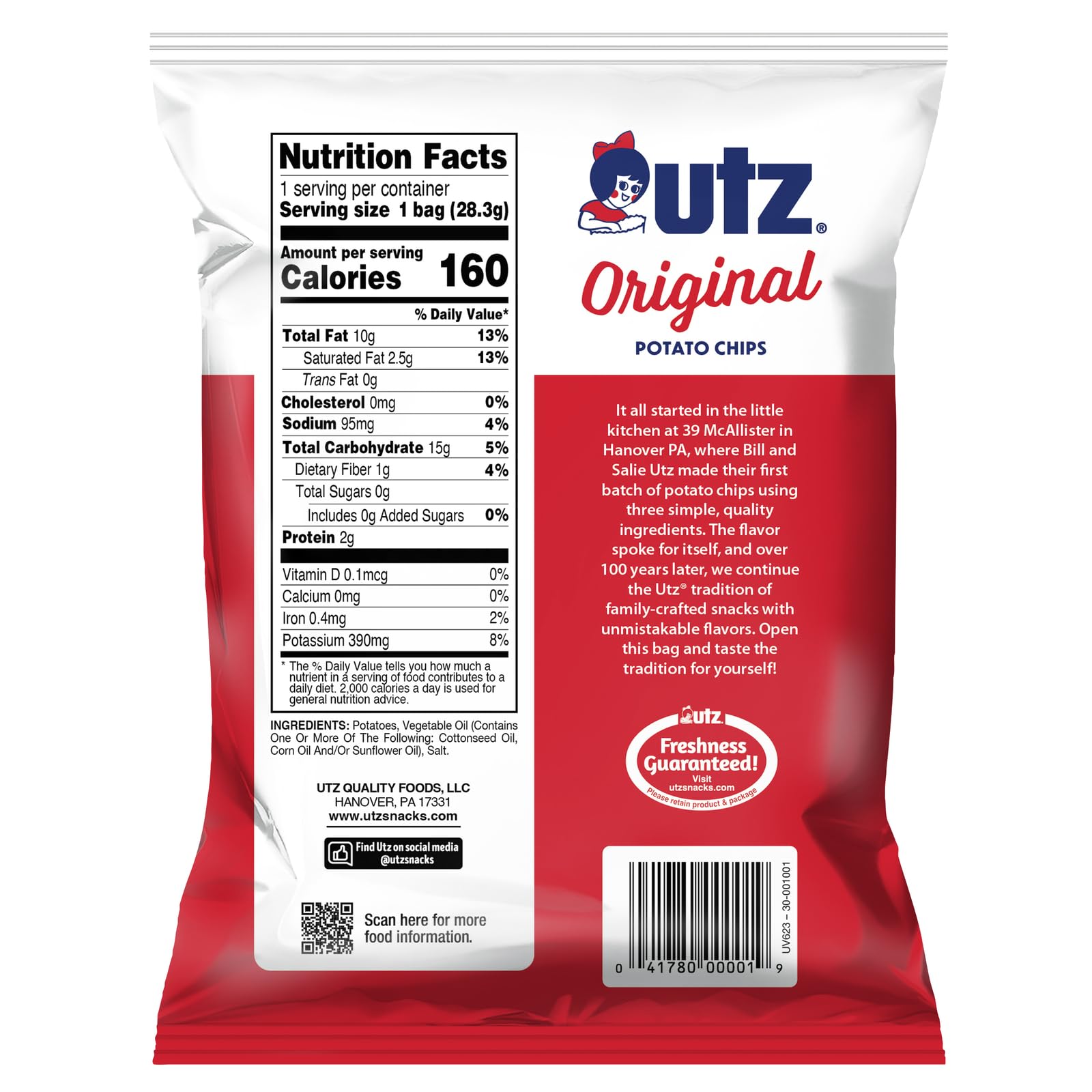 Utz Original 1 Oz Bags, 42 Count - Crispy Potato Chips Made from Fresh Potatoes | Crunchy Individual Snacks for On-The-Go | Cholesterol Free, Trans-Fat Free & Gluten Free | Perfect for Lunches, Parties & Road Trips