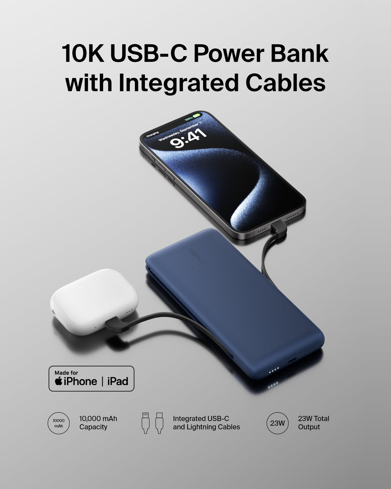 Belkin BOOSTCHARGE Plus 10K Portable Power Bank (10,000mAh) with Built-in Lightning & USB-C MFI Cables, USB-C Charging Port - Blue | Fast Charging for iPhone, iPad, AirPods & More | Perfect for Travel, Camping & Emergency Power Backup