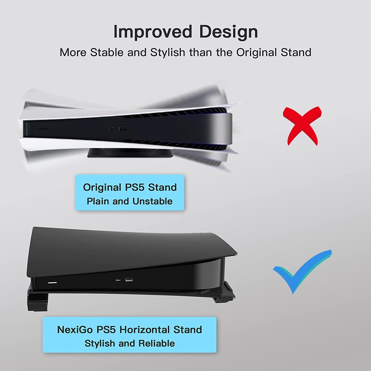 NexiGo PS5 Horizontal Stand - Minimalist Design Base Stand for PlayStation 5 Disc & Digital Edition - Black | Perfect for Gaming Setup & Console Organization