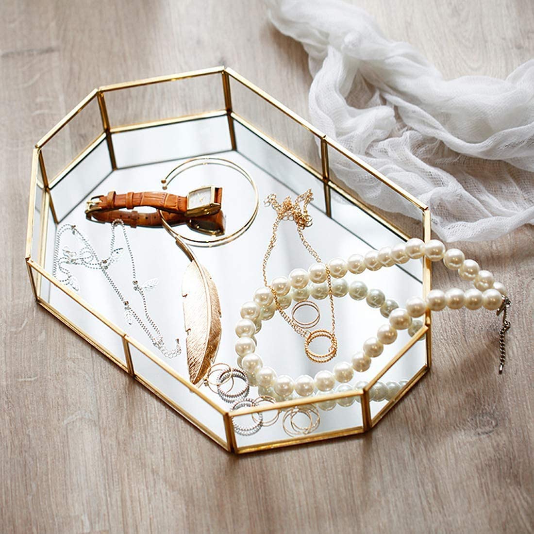 Decorative Gold Leaf Metal Mirror Vanity Tray - 12.4x8.5x2 Inch Jewelry Organizer & Dresser Catchall - Elegant Polygon Design for Jewelry Display, Makeup Storage & Home Decor - Perfect for Bedroom, Bathroom & Entryway Organization