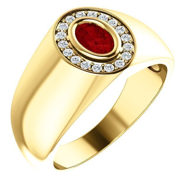 14K Gold Men's Ruby and Diamond Oval Halo Ring - 0.60ct Ruby & 0.18ctw Diamond Engagement Wedding Band for Him - Perfect for Proposals, Anniversaries and Special Occasions