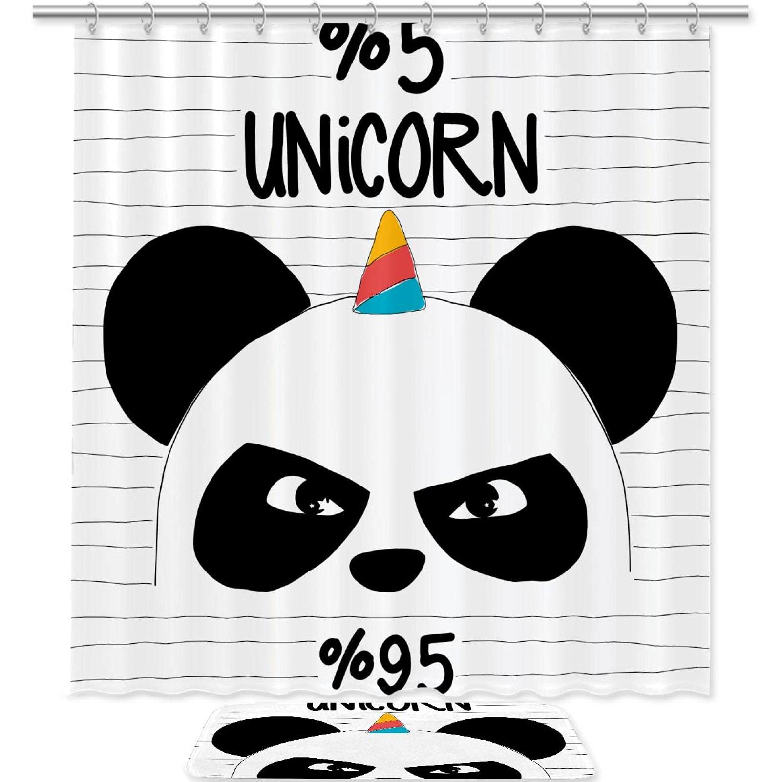 Modern Kawaii Panda Unicorn Waterproof Shower Curtain Set with Absorbent Bath Mat & 12 Hooks - Cute Animal Bathroom Decor for Women & Men - Perfect for Kids' Bathrooms, Dorm Rooms & Themed Home Decor