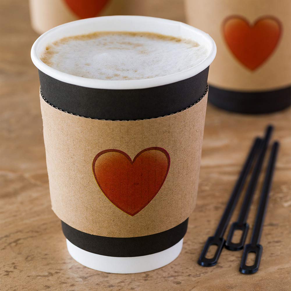 Restpresso 5.1 x 2.8 Inch Disposable Coffee Cup Sleeves - 1000 Pack Corrugated Kraft Paper Hot Drink Sleeves with Heart Emoji Design | Heat Resistant & Secure Grip for Coffee Shops, Cafes, Takeout and Office Break Rooms