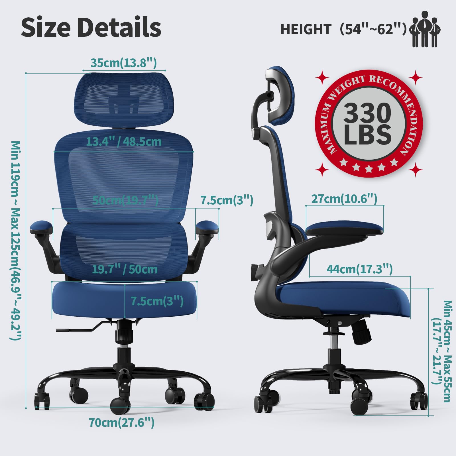 Ergonomic Office Chair with Wheels - 330 LBS Capacity Mesh Desk Chair for Home & Gaming, High Back Support for Long Hours (Blue) - Perfect for Home Office, Gaming Setup & Workspaces