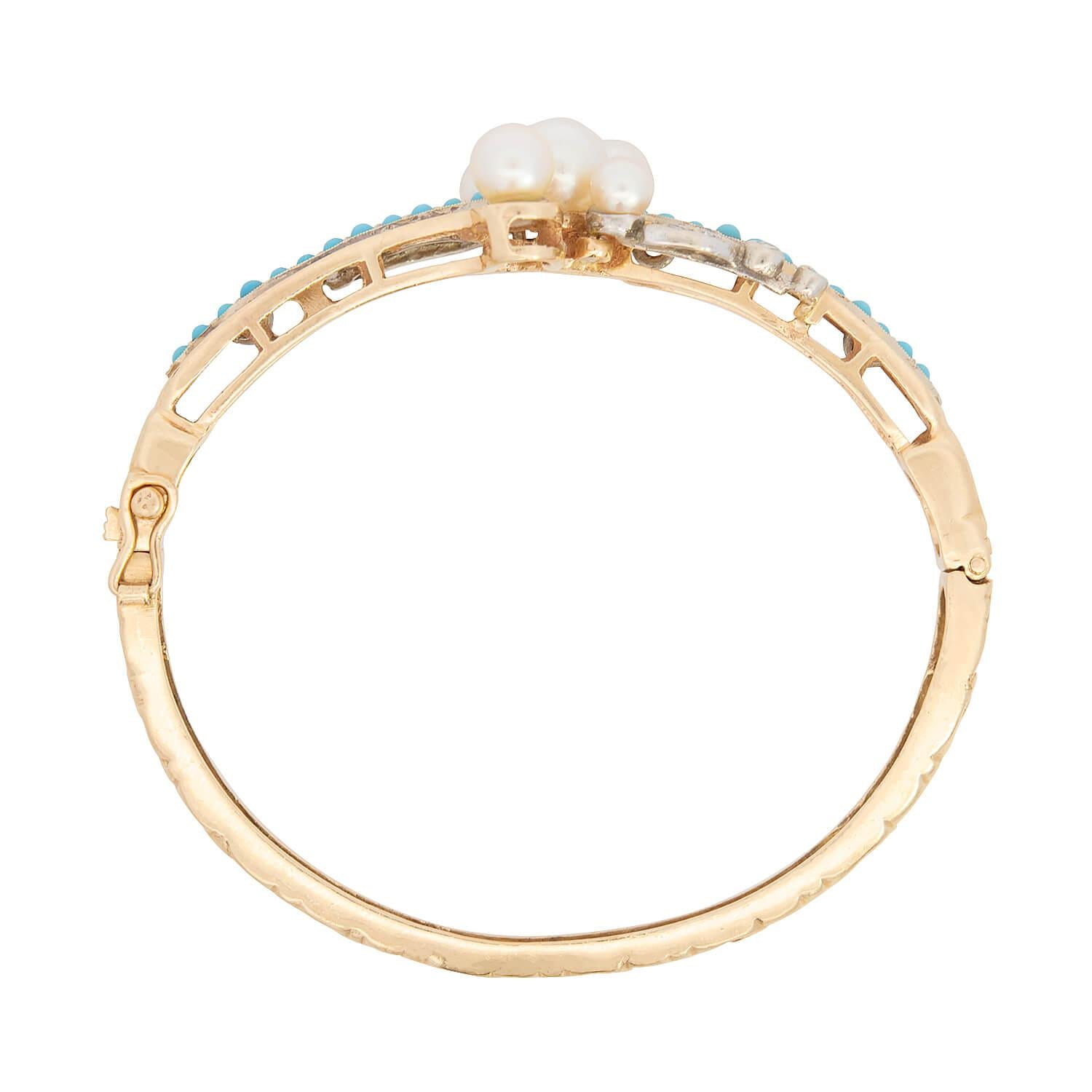 Victorian Style 14K Gold Pearl, Turquoise & Diamond Bangle Bracelet - Elegant Jewelry for Weddings, Anniversaries & Special Occasions