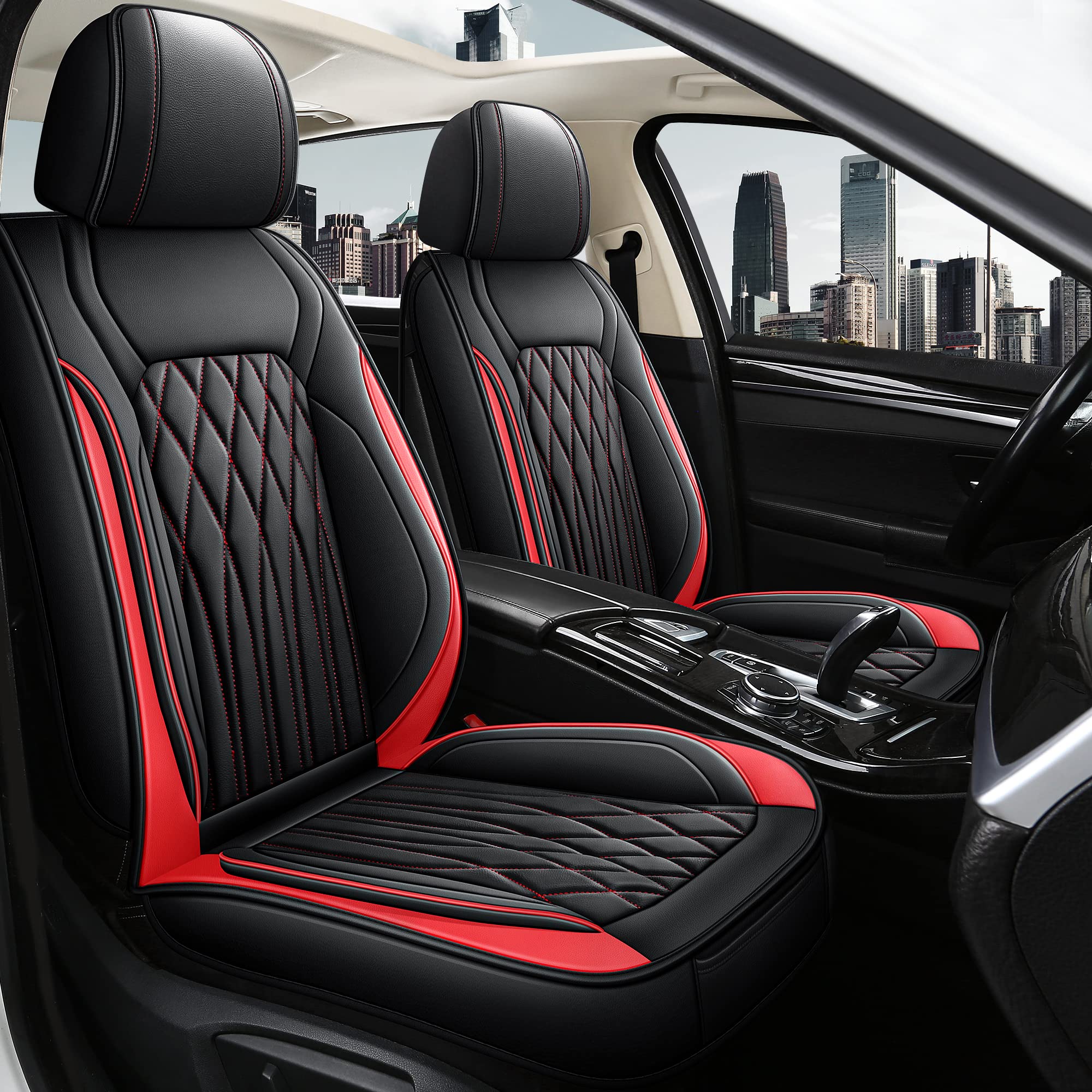 Premium Faux Leather Car Seat Covers Front Pair - Waterproof, Non-Slip Universal Fit for Sedans, Trucks & SUVs (Black/Red Line) | Durable Protection & Luxury Style for Daily Commute, Road Trips & Family Vehicles