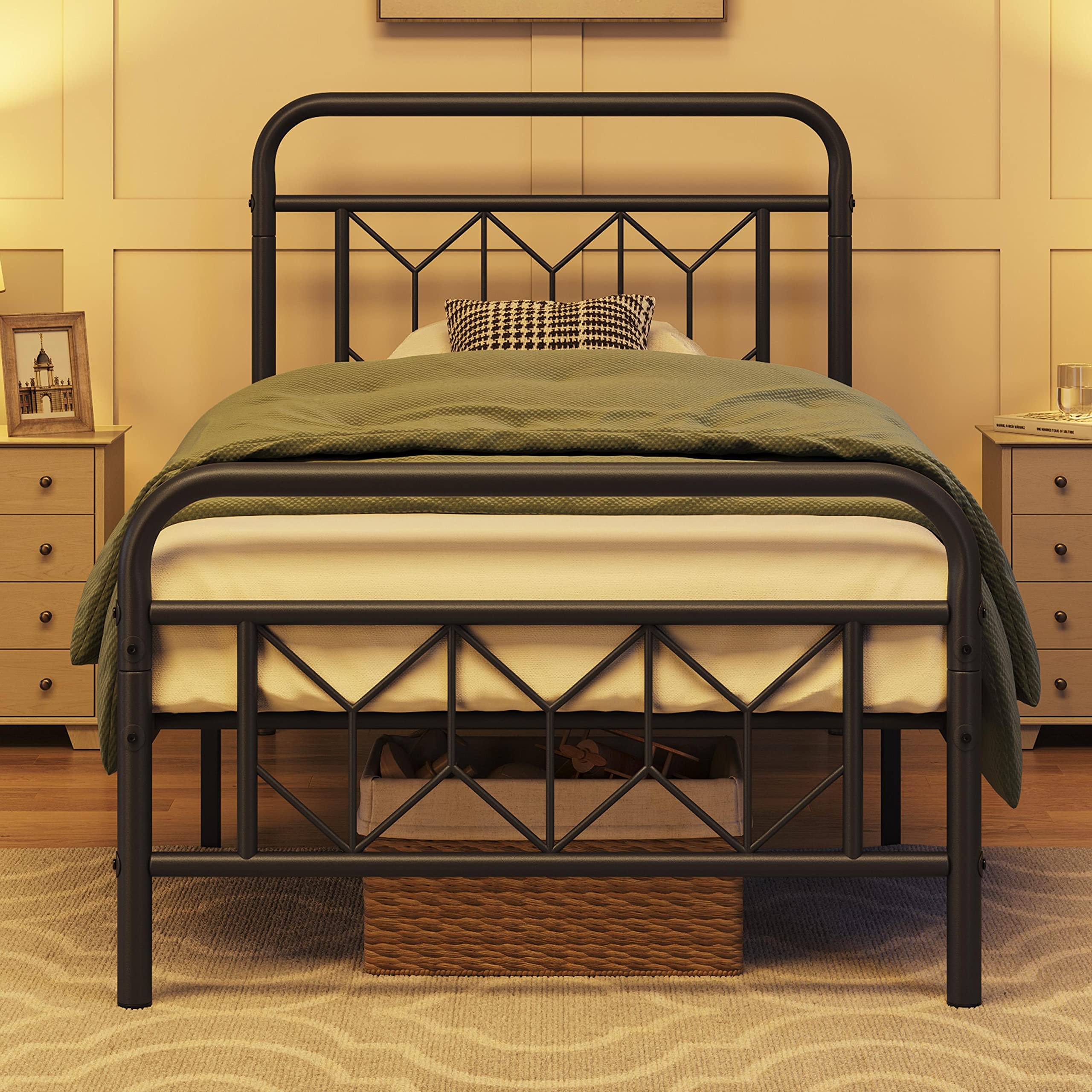 Vintage Style Metal Twin Bed Frame with Headboard & Under Bed Storage - No Box Spring Needed, Sturdy Slat Support - Perfect for Small Bedrooms, Guest Rooms & Dorm Rooms