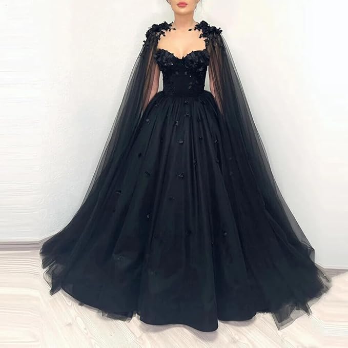 Elegant Black Gothic Wedding Dress with 3D Floral Embroidery & Detachable Cape – Perfect for Dark Romance, Vampire, or Halloween Themed Weddings & Photo Shoots