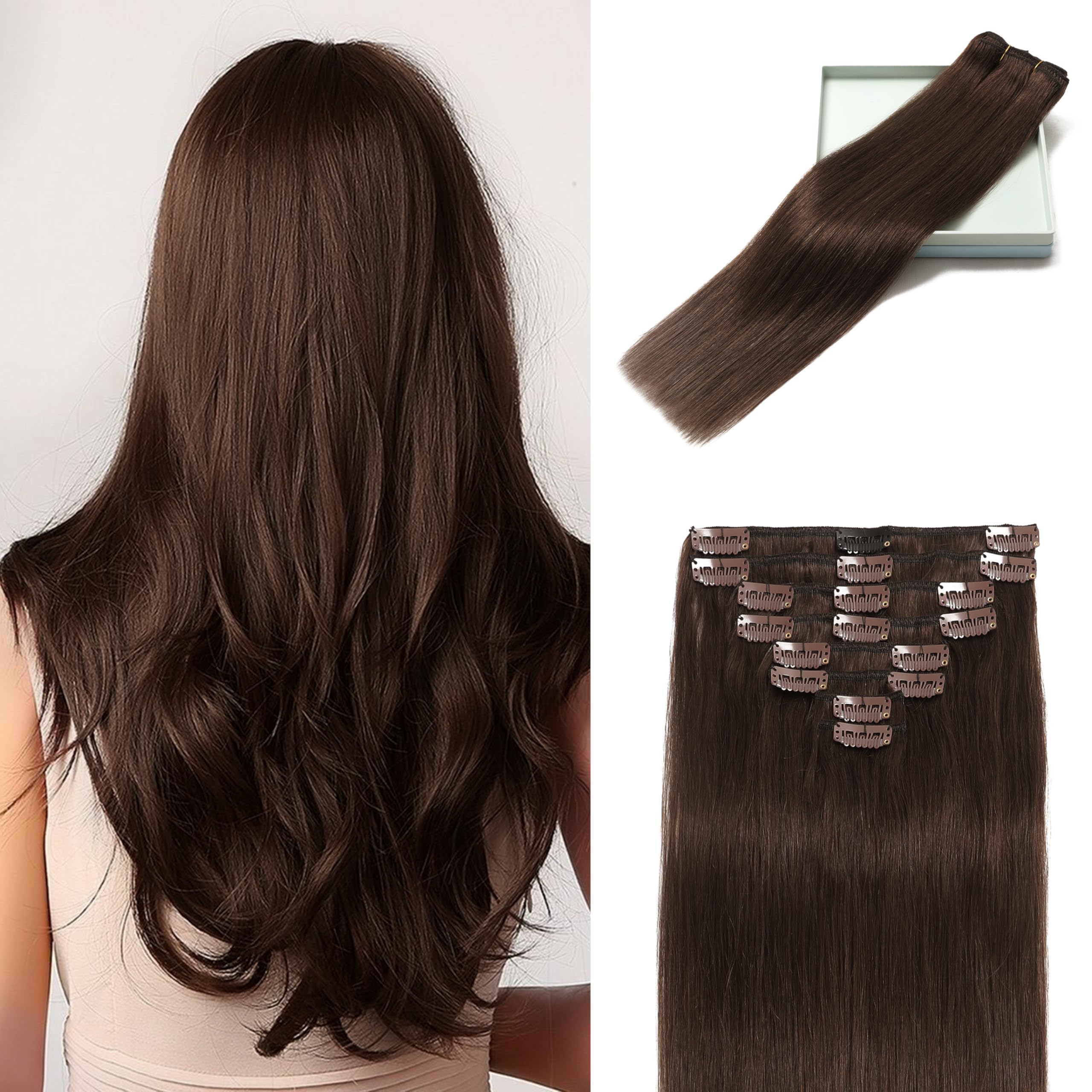 LORIEN 24 Inch Clip in Hair Extensions - 100% Brazilian Remy Human Hair, 8pcs Set with 18 Clips, Double Weft, 120g Dark Brown (#4) - Perfect for Volume, Length & Styling for Parties, Weddings & Everyday Wear