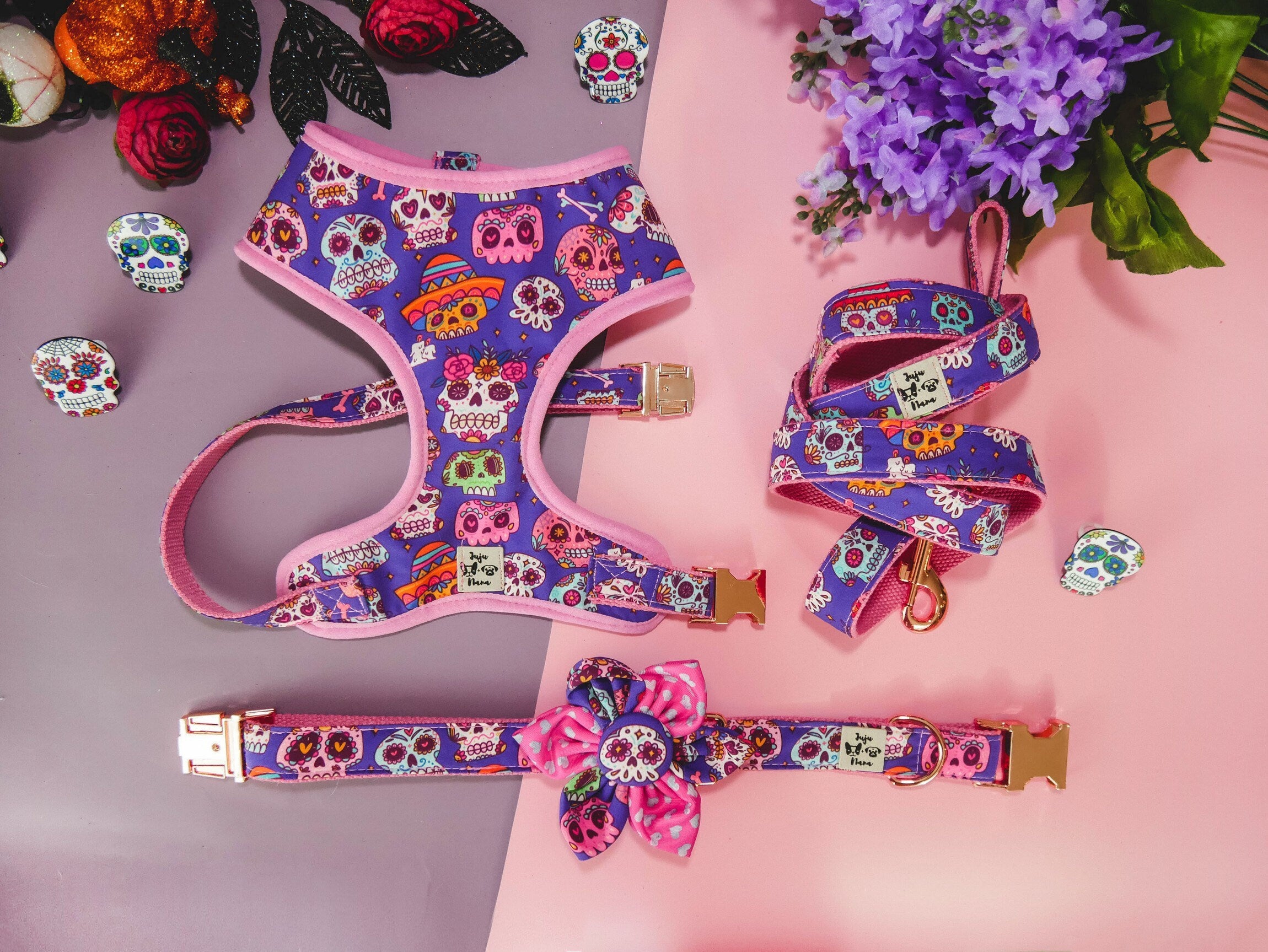 Dog Harness with Sugar Skulls Design & Pink Trim - Adjustable Pet Walking Vest for Small & Medium Dogs - Perfect for Daily Walks, Training & Outdoor Adventures