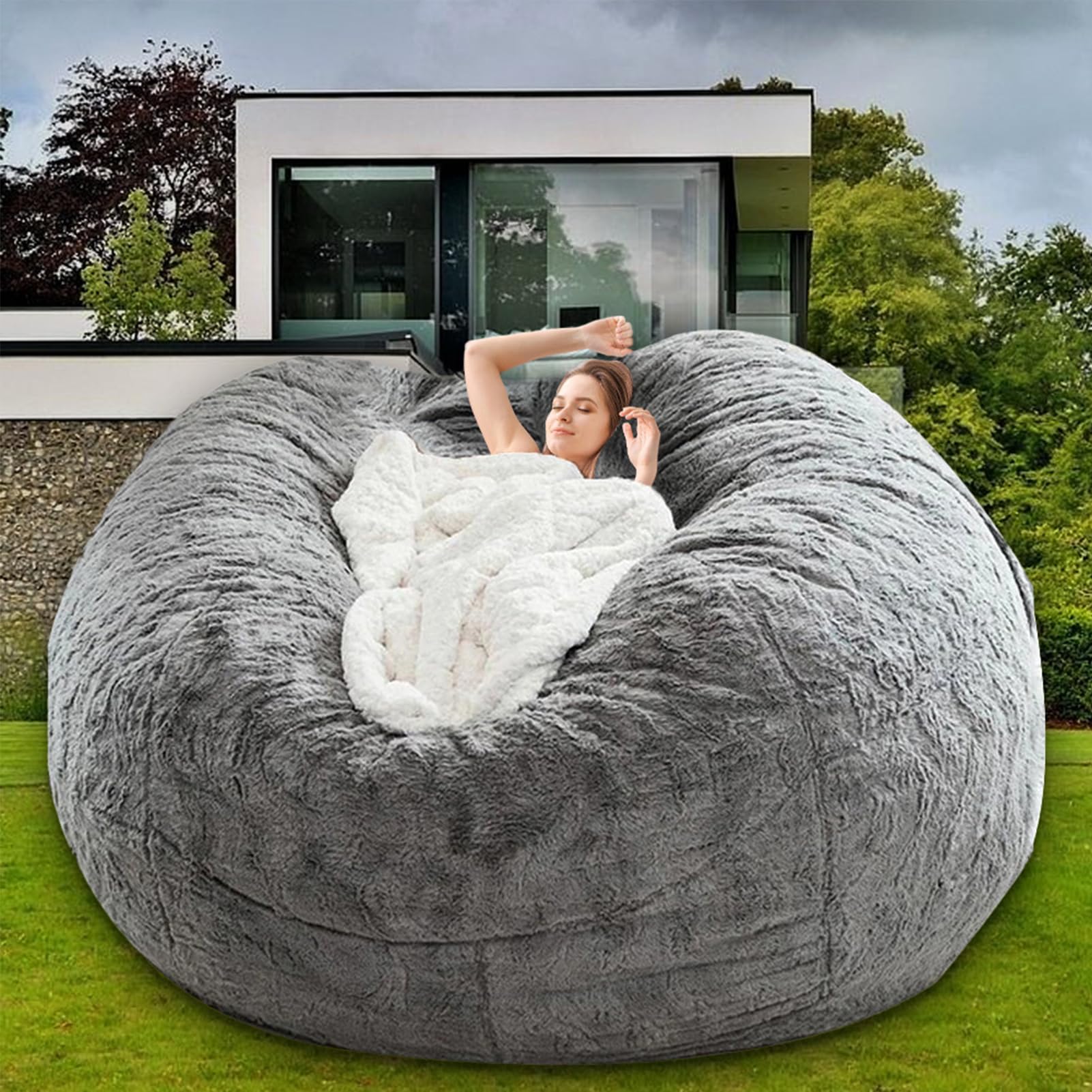 **6FT Giant Fluffy Bean Bag Chair for Adults & Kids - Comfy Round Lazy Sofa Cover Without Filling, Perfect for Reading, Lounging & Floor Seating - Grey**    *(Use Cases: Ideal for living rooms, bedrooms, game rooms, dormitories, and cozy reading nooks.)*