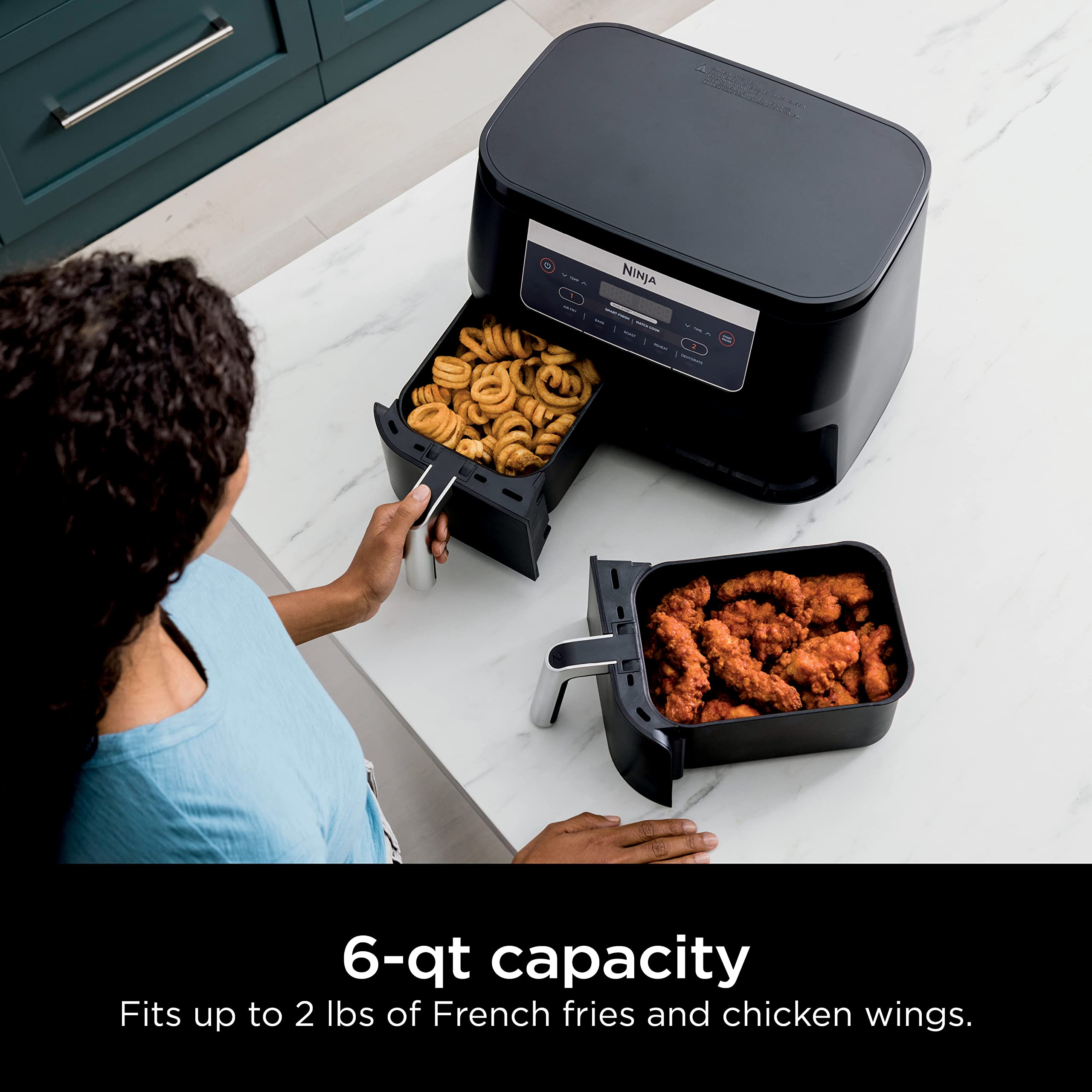 Ninja DZ090 Foodi 6 Quart 5-in-1 DualZone Air Fryer with 2 Independent Baskets - Smart Finish Technology for Roasting, Baking, Dehydrating - Perfect for Quick Snacks, Small Meals & Family Cooking - Black