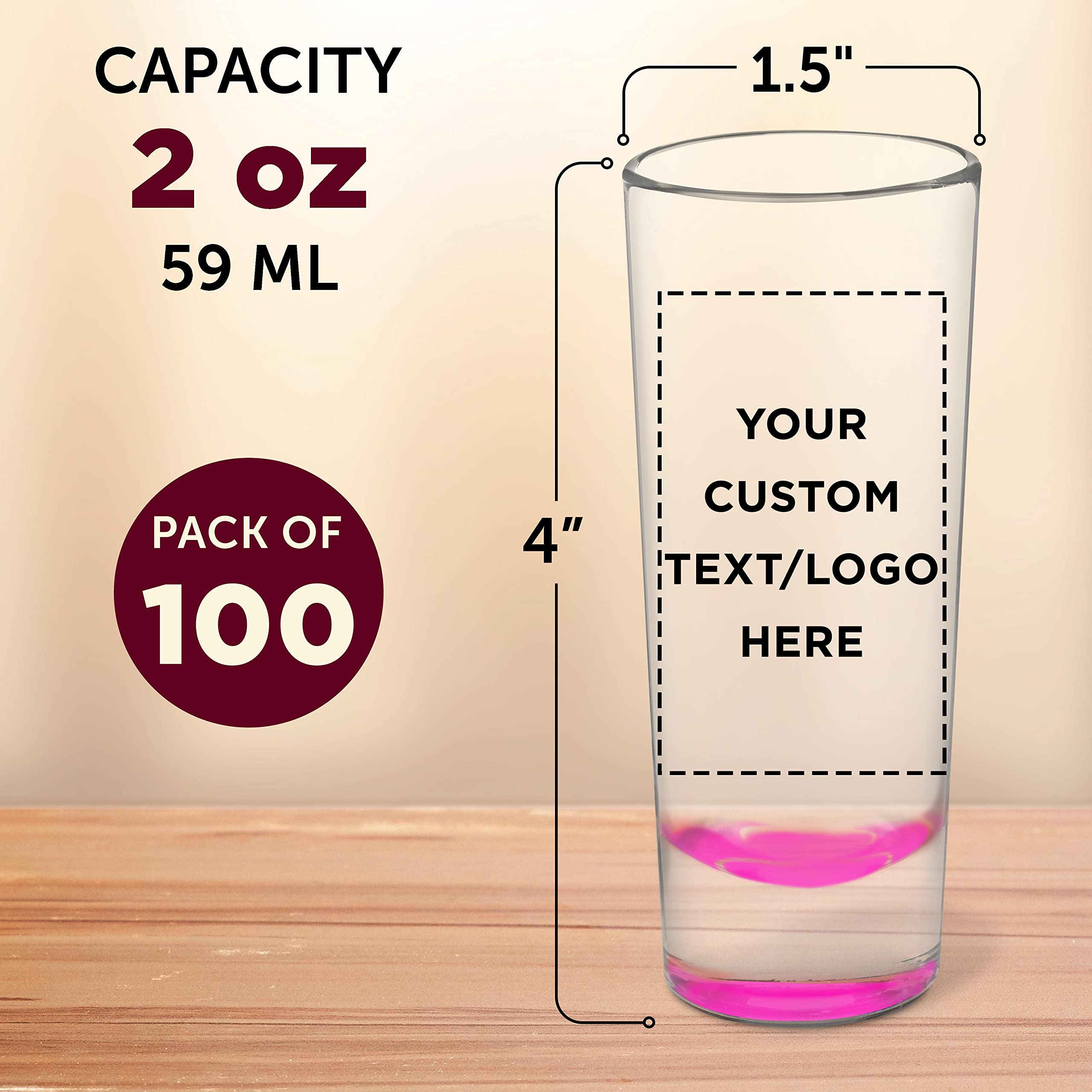 Custom 2 oz Cordial Shot Glasses - Bulk Set of 100 Personalized Pink Shooter Glasses for Parties, Weddings & Events - Perfect for Cocktails, Liquor Tasting & Bar Decor