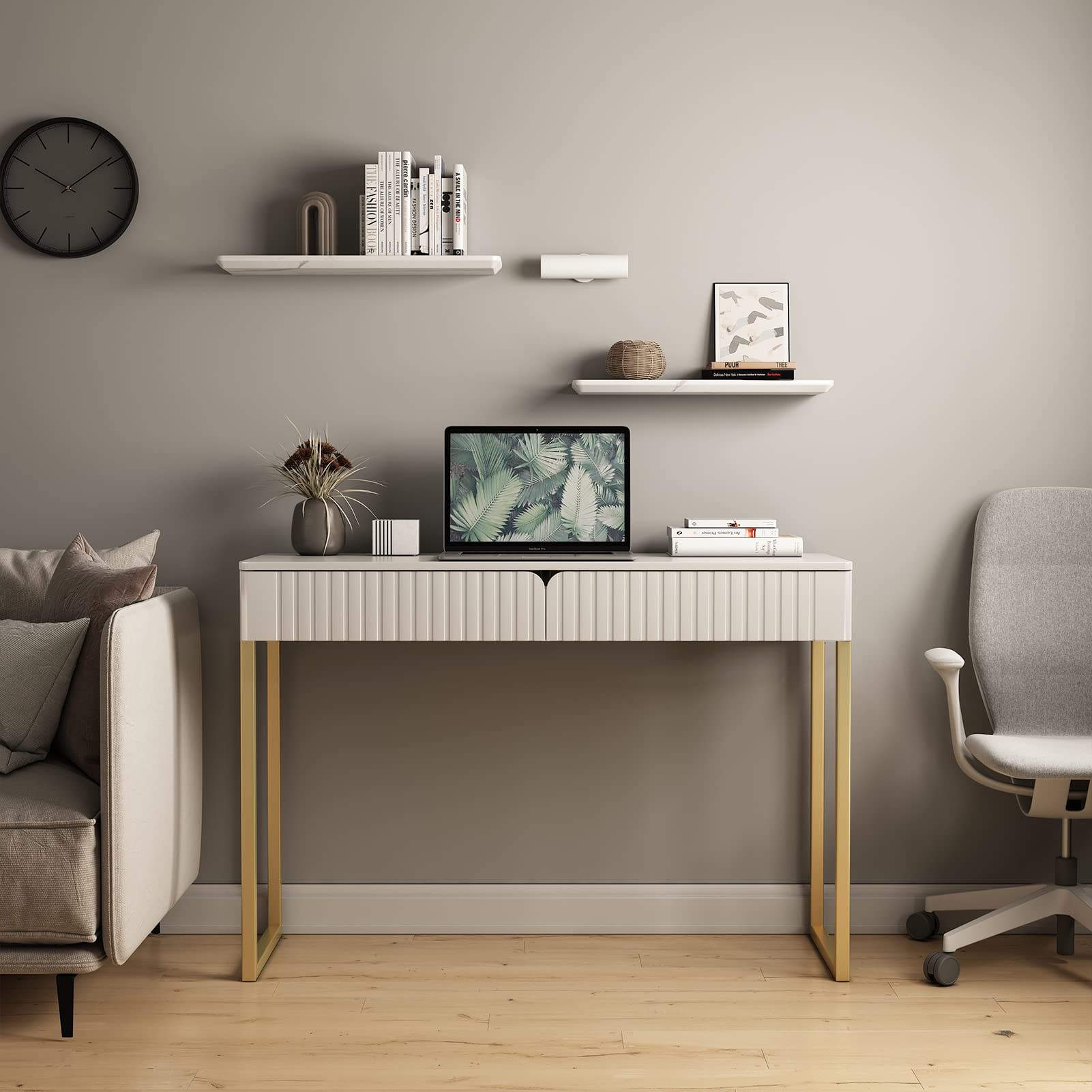 Modern Gold Legs Writing Desk with 2 Drawers - 43.3x15.75 Inch Home Office Desk for Computer Work, Makeup Vanity, Study or Entryway Sofa Table - Perfect for Small Spaces & Contemporary Decor