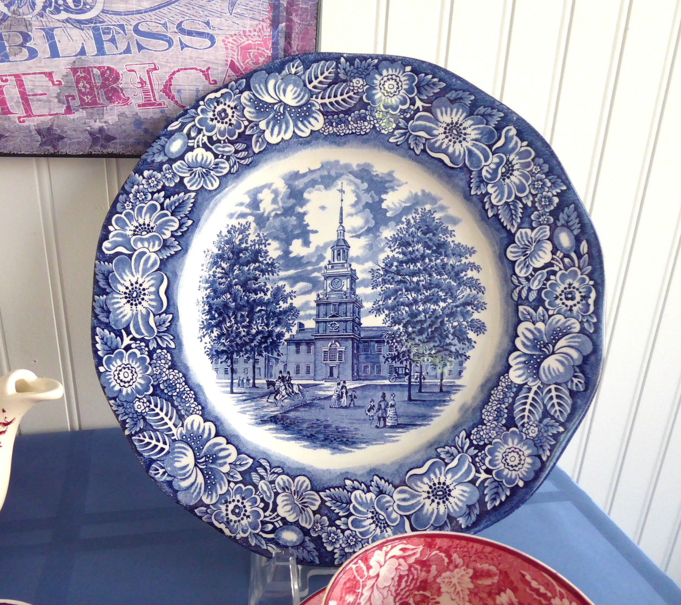 Liberty Blue Staffordshire Independence Hall 9.85 Inch Dinner Plate - Vintage Collectible Ceramic Plate for Dining, Display & American History Enthusiasts