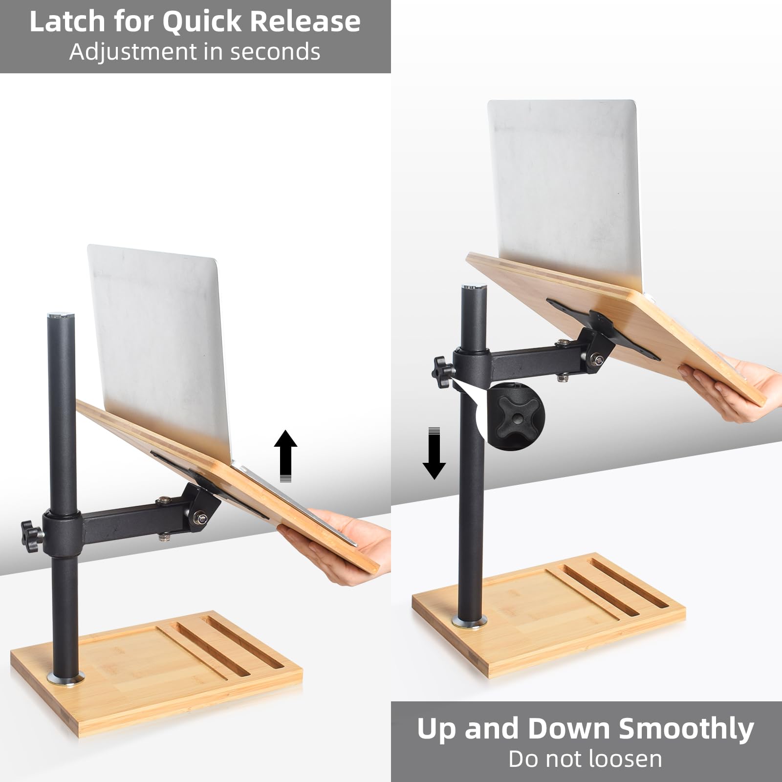 Adjustable Wooden Laptop Stand with Phone Holder - Ergonomic Height Adjustable Computer Riser for Desk, Durable & Stable with Cooling Airflow - Fits Up to 17 Inch Laptops (13.2