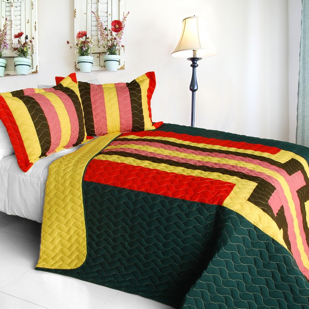 3PC Vermicelli-Quilted Patchwork Quilt Set (Full/Queen Size) - Soft & Stylish Bedding for Cozy Nights - Perfect for Master Bedrooms, Guest Rooms & Dorm Decor