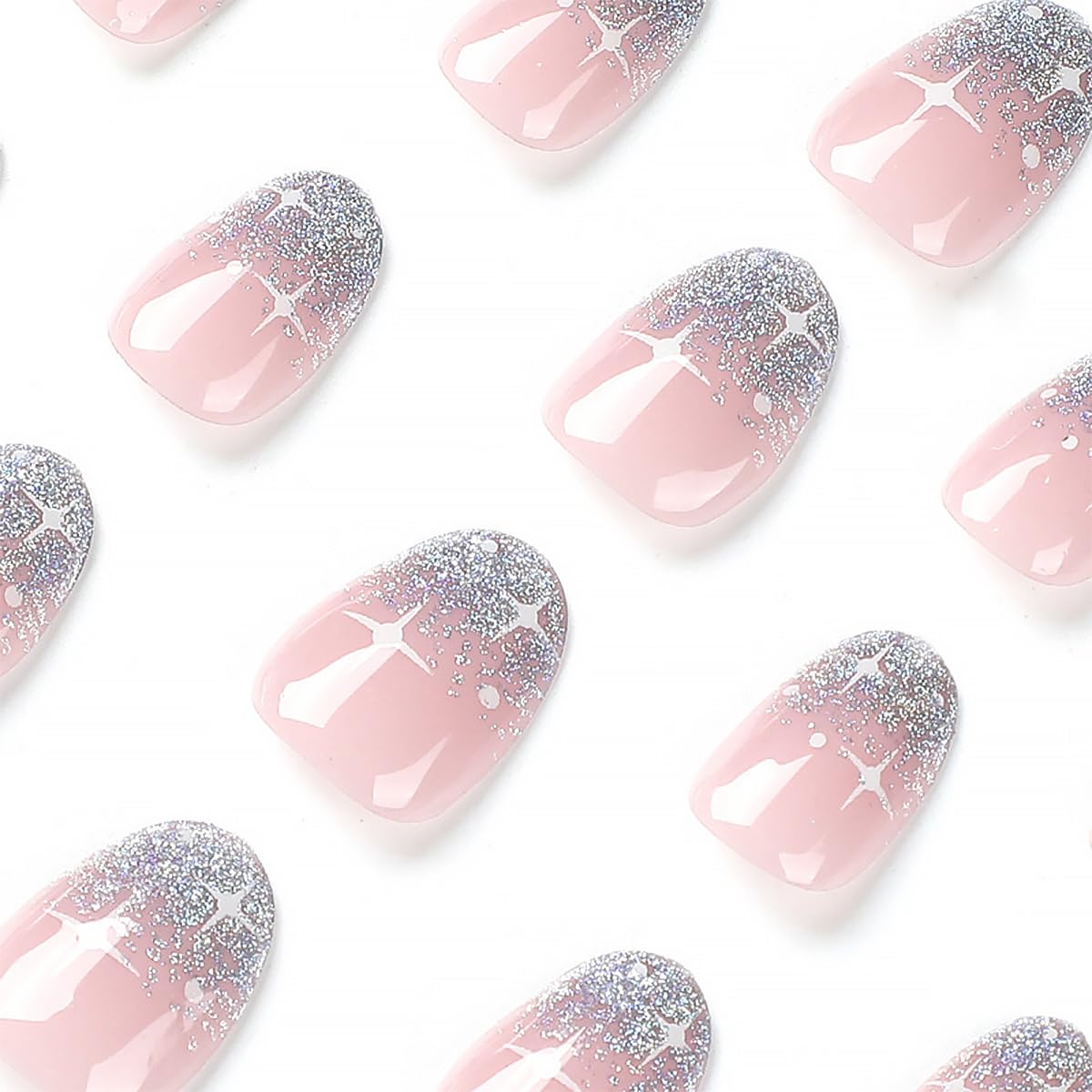 24Pcs Short Press On Nails - Oval Powder False Nails with Star Design, Silver Glitter Almond Nails Set for Women & Girls | Easy Glue On Nails for Daily Wear, Parties, and Special Occasions | Nail Art Supplies
