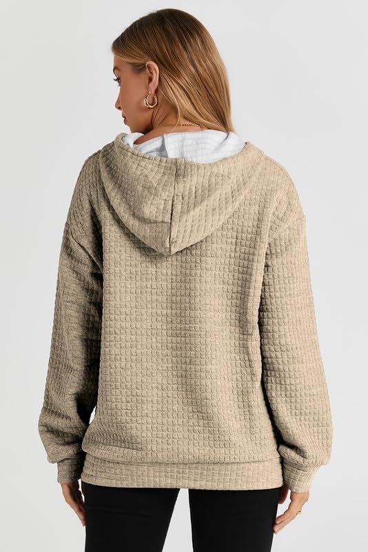 SHEWIN Women's Casual Long Sleeve Waffle Pullover Hoodie with Drawstring & Pocket - Loose Fit Hooded Sweatshirt for Everyday Wear, Lounge & Outdoor Activities