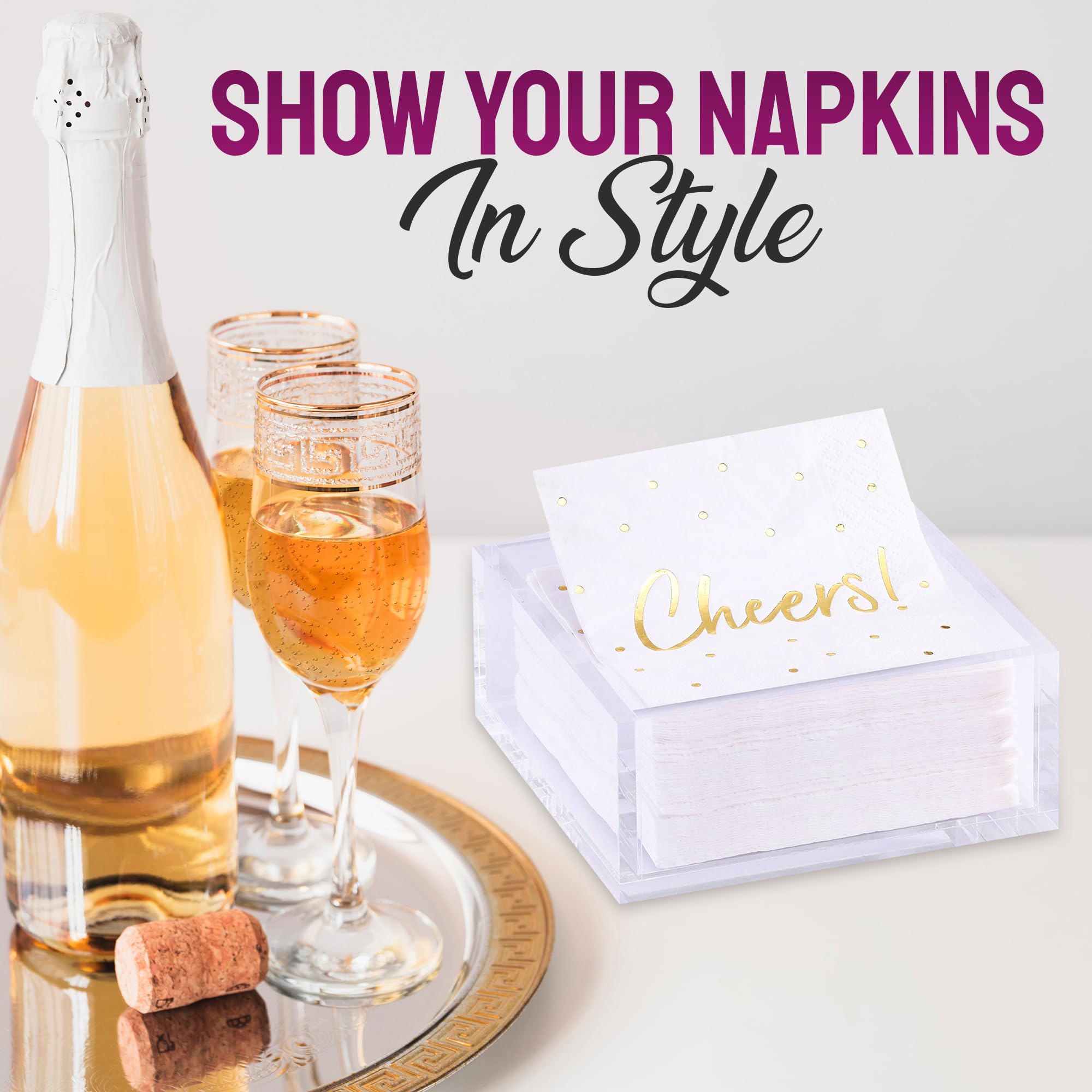 Premium 5x5 Inch Heavy Duty Acrylic Cocktail Napkin Holder with 20 Gold Embossed 'Cheers' Napkins - Elegant Party & Event Accessory for Weddings, Bars, and Home Entertaining