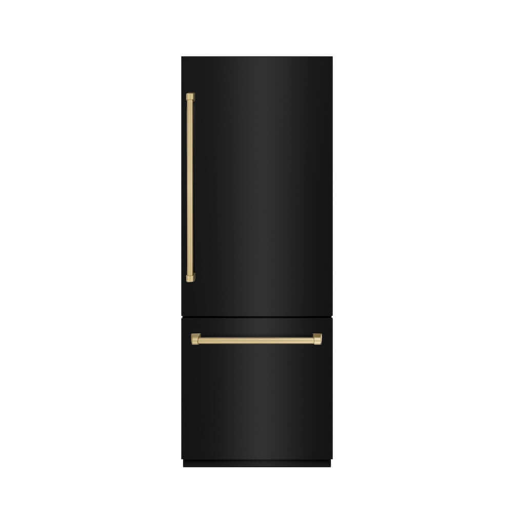 ZLINE Autograph Edition 30-inch 16.1 cu. ft. Built-In Bottom Freezer Refrigerator with Water Dispenser & Ice Maker - Black Stainless Steel, Graphite Gray Interior & Champagne Bronze Accents (GRBIVZ BS 30 CB) | Premium Kitchen Appliance for Modern Homes & Restaurants