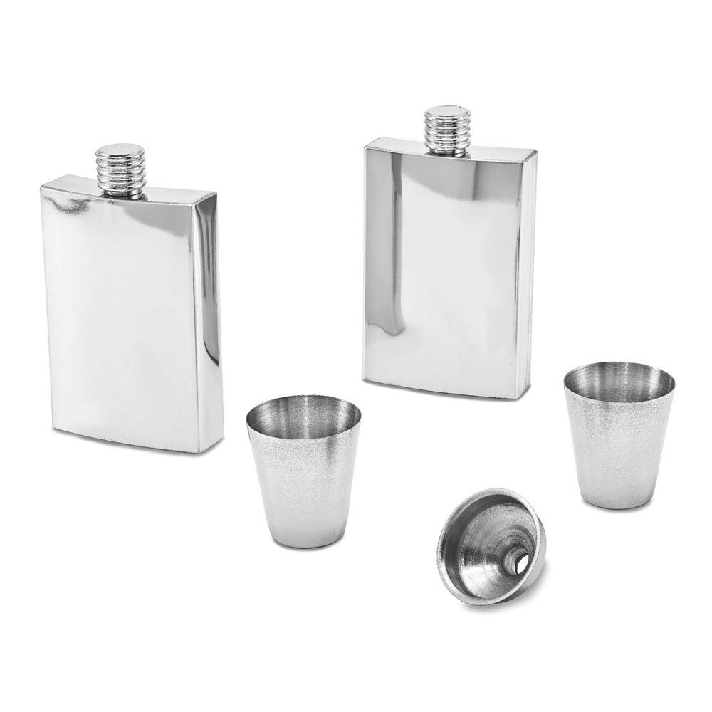 Jewels By Lux Polished Stainless Steel 4oz Flask Set - 2 Pack, Engraved Hip Flask Gift for Men & Women, Perfect for Weddings, Parties & Outdoor Adventures