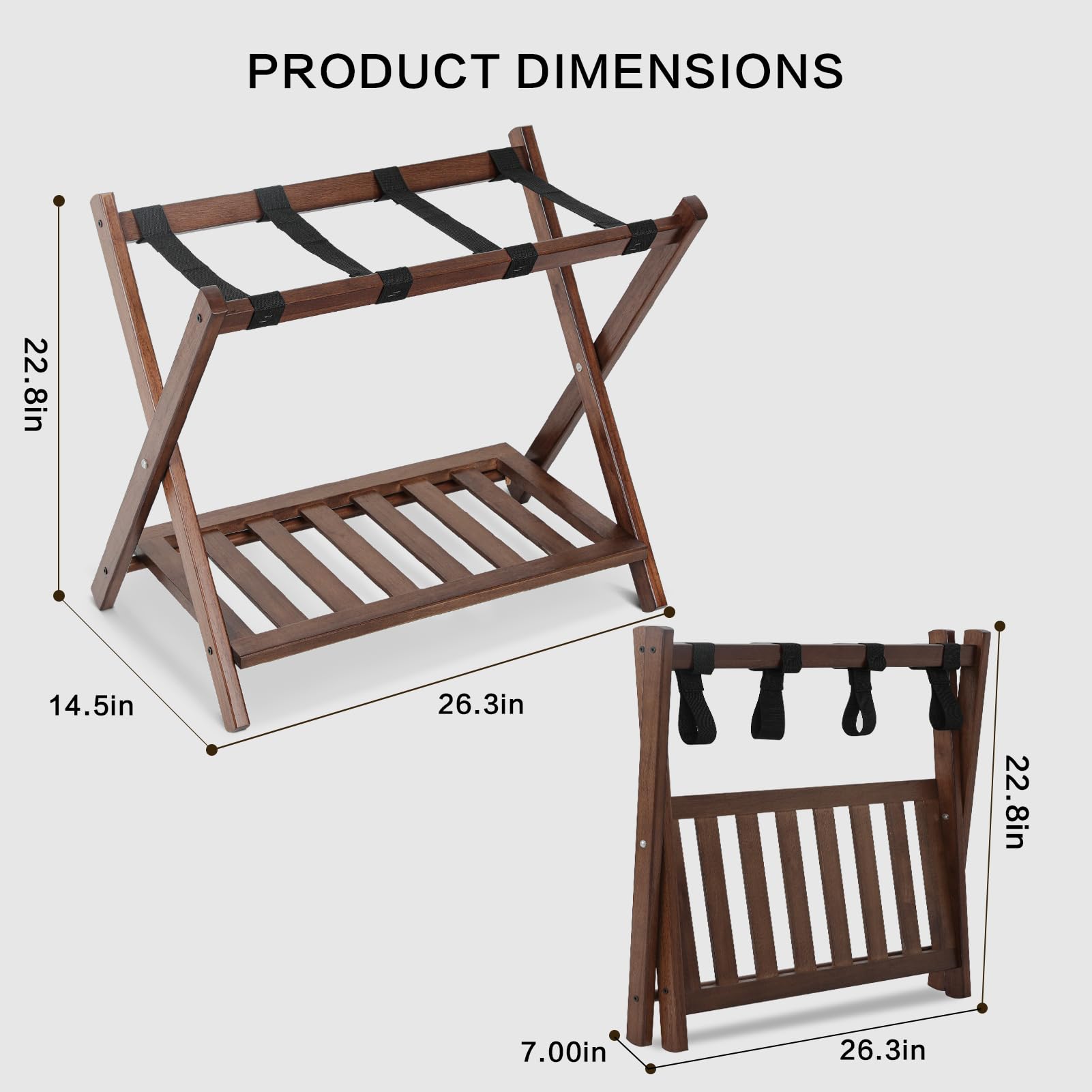 Babion 2-Pack Folding Luggage Rack with Shelf - Heavy Duty Wooden Suitcase Stand, 2-Tier Foldable Bag Holder with Nylon Belts - Perfect for Bedroom, Guest Room & Travel Storage