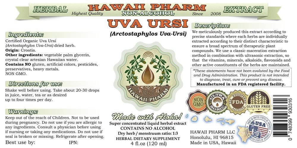 Organic Uva Ursi Alcohol-Free Liquid Extract (Arctostaphylos Uva-Ursi) | Natural Herbal Supplement | Glycerite Dried Herb | Hawaii Pharm USA | 4 fl.oz (4-Pack) | Supports Urinary Tract Health & Wellness | Perfect for Herbal Remedies & Holistic Care
